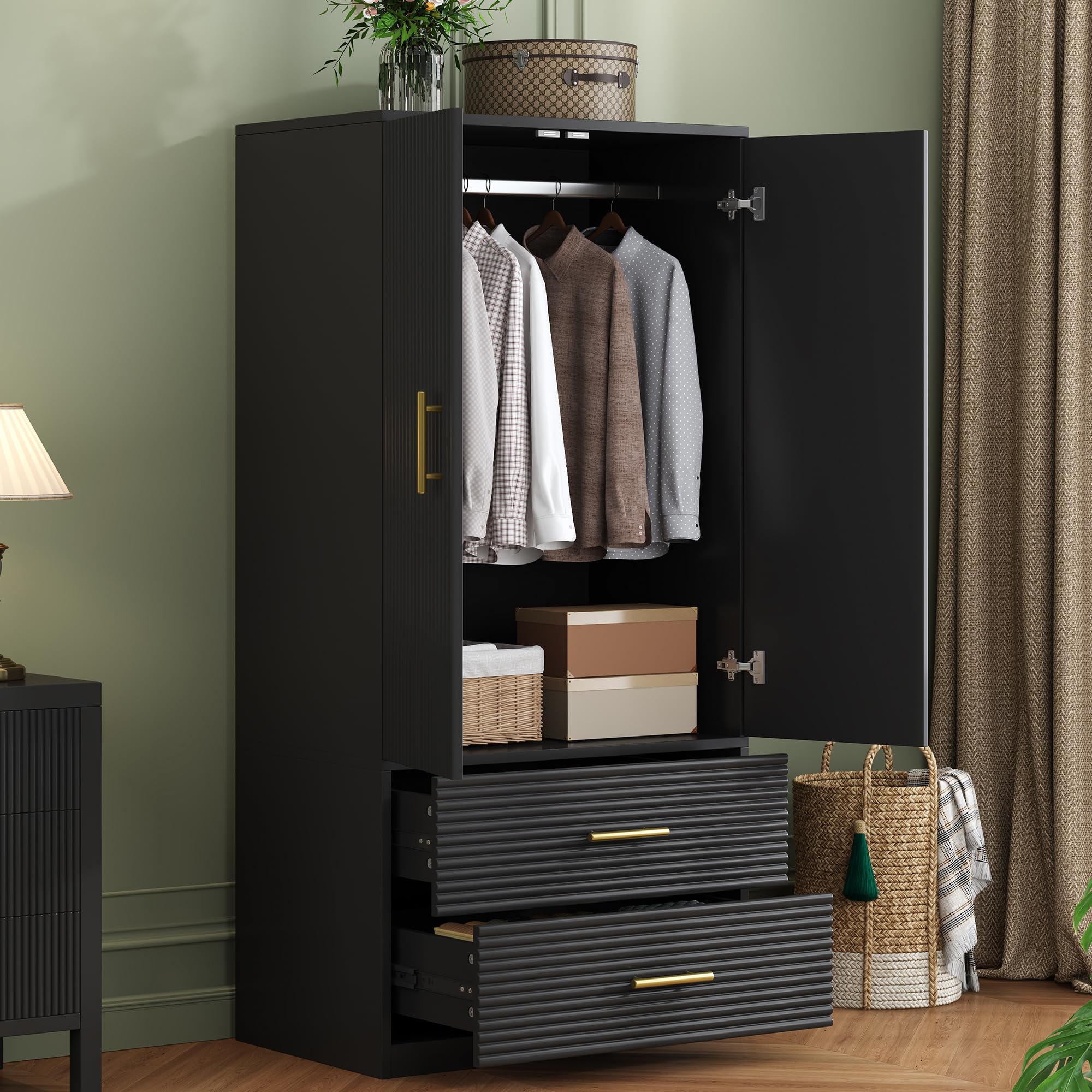 2-Door Freestanding Wardrobe Closet with Hanging Rod & 2 Drawers - Farmhouse Style Storage Cabinet for Bedroom, Black - Perfect for Small Spaces, Guest Rooms & Dorm Organization