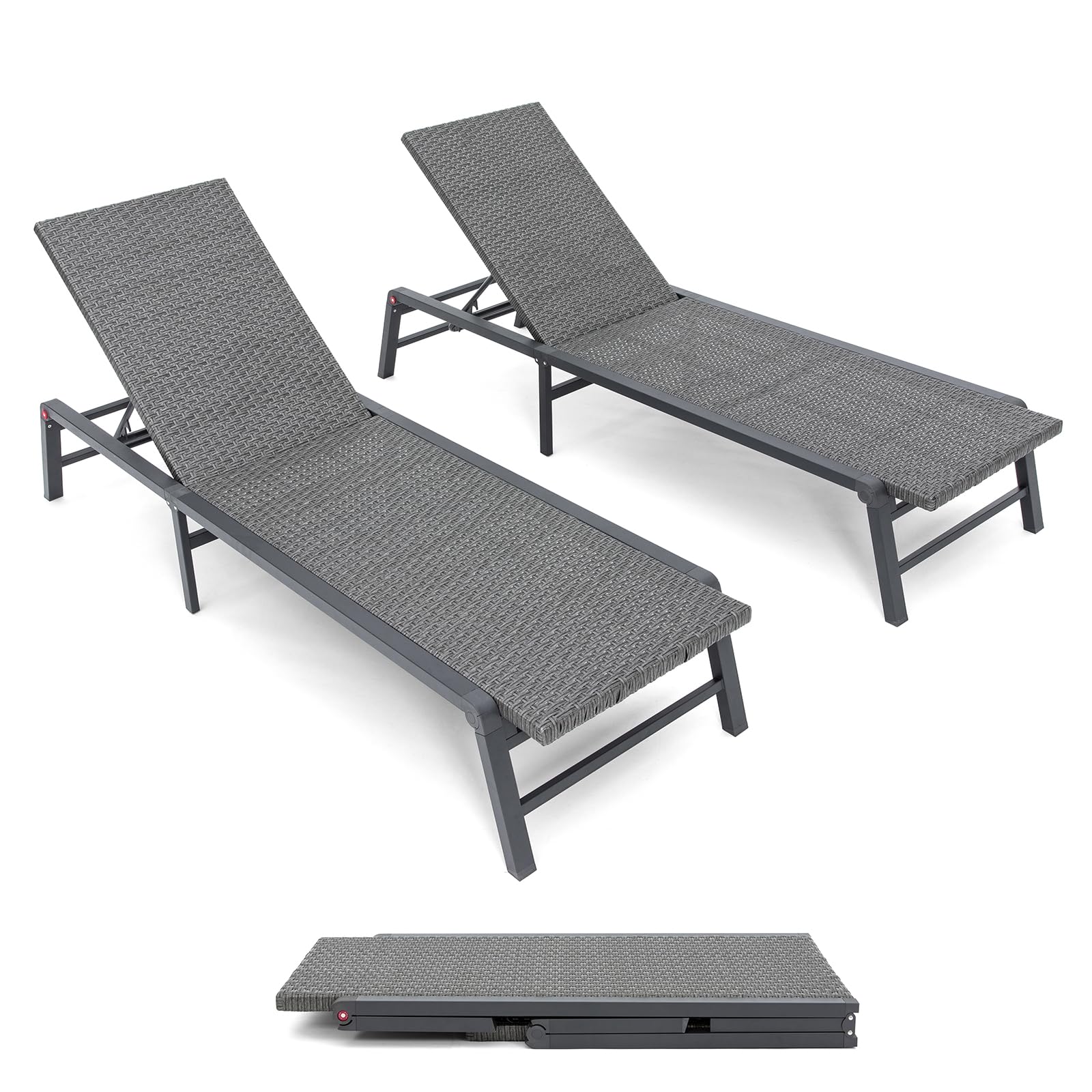 2-Piece Outdoor Chaise Lounge Set - No Assembly Aluminum Poolside Sunbathing Chairs with Adjustable Backrest, Gray - Perfect for Backyard, Patio & Beach Relaxation