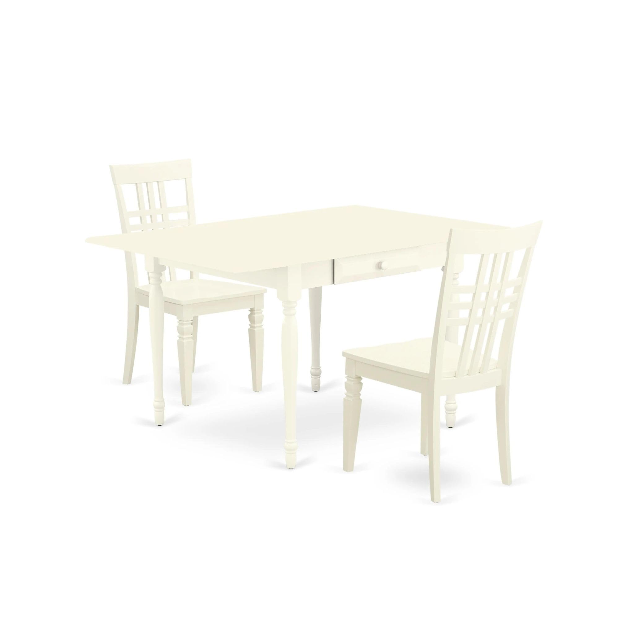 East West Furniture MZLG3-LWH-W 3 Piece Dining Set with Drop Leaf Table & 2 Wood Chairs, 36x54 Inch, Linen White - Perfect for Small Spaces, Breakfast Nooks & Cozy Apartments