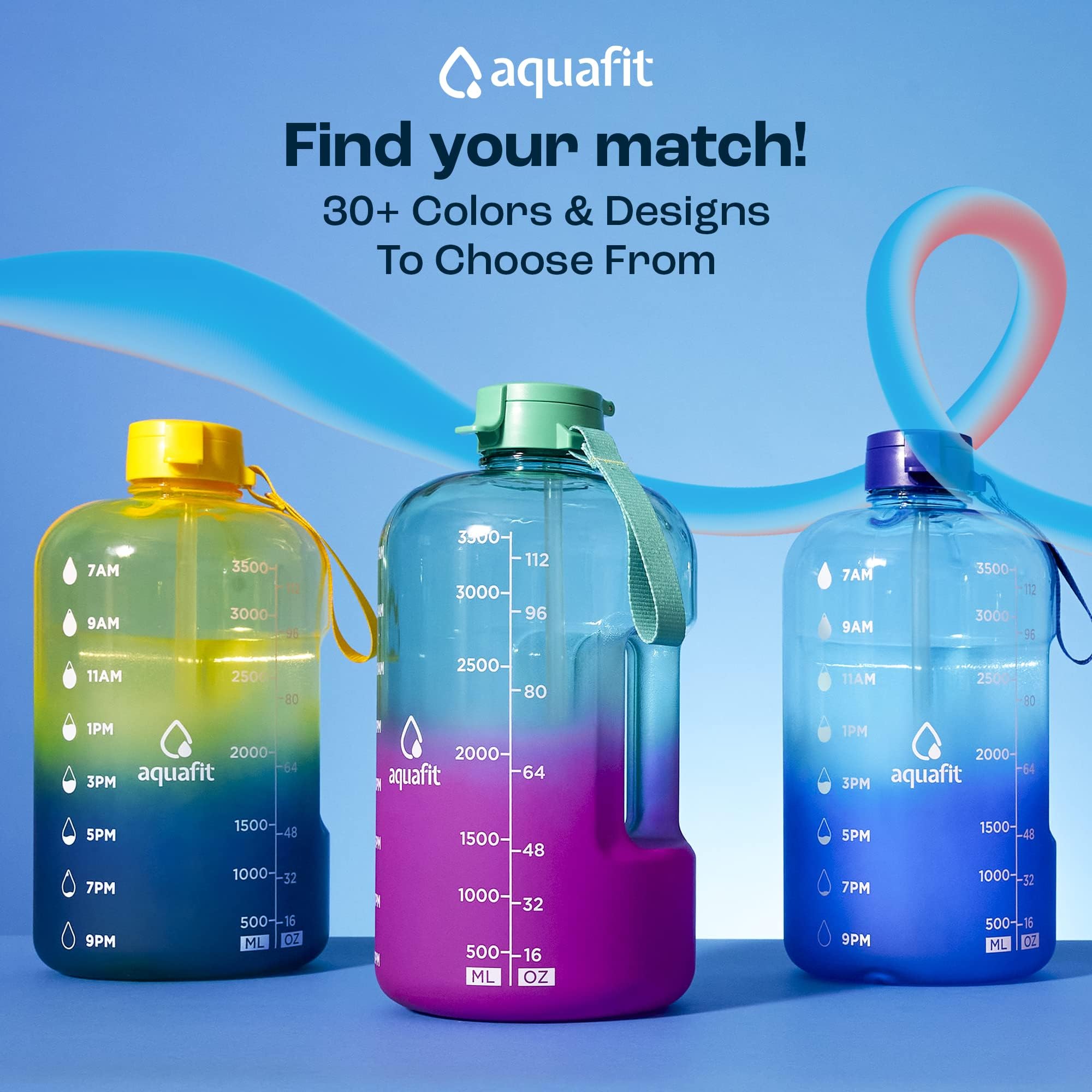 AQUAFIT 1 Gallon Water Bottle with Time Marker - BPA Free Large Water Bottle with Straw & Chug Lid - Motivational 128 oz Water Jug for Gym, Hiking & Workout - Leak Proof Handle Design (Blue)