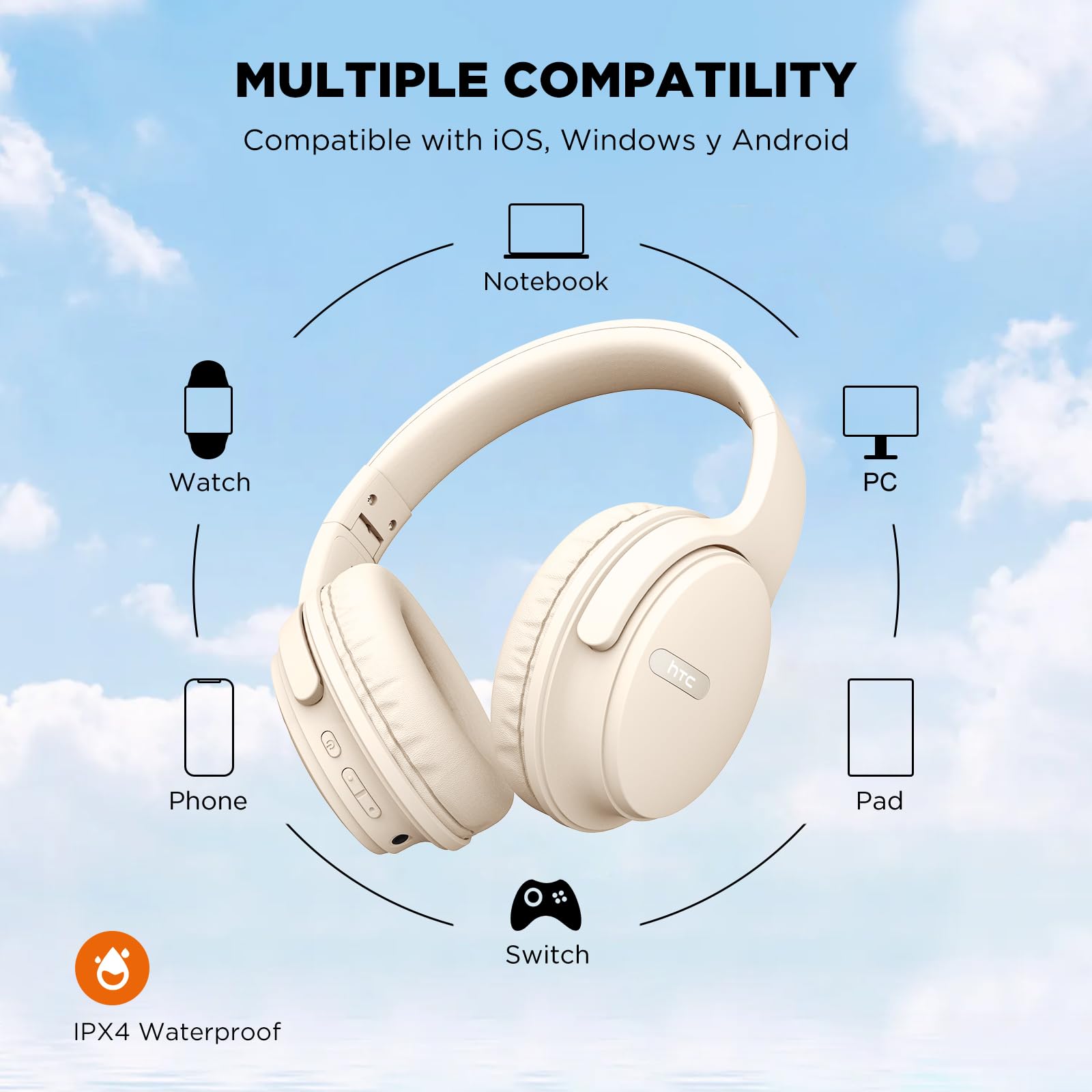 HTC Wireless Bluetooth Over-Ear Headphones with Built-in Mic, Foldable Lightweight HiFi Stereo Headset for Travel, Work, Gaming - Compatible with Laptop, PC, Cellphone (Black) - Perfect for Commuting, Office & Home Entertainment