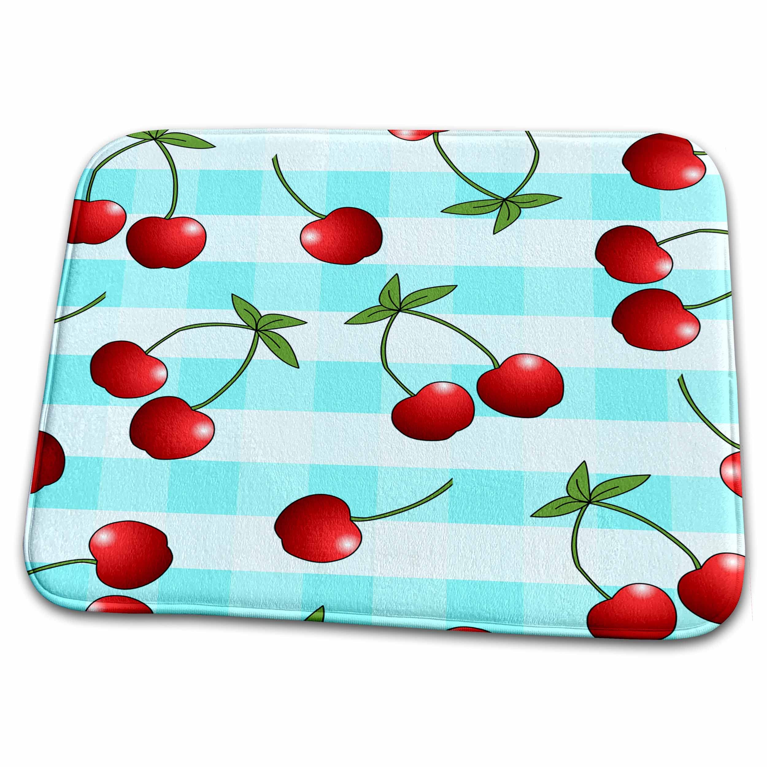 3dRose Cherry Print Dish Drying Mats - Juicy Red Cherries on Blue Check Pattern, Absorbent Kitchen Towel for Dishes, Cups & Utensils (ddm-24732-1) - Perfect for Country Kitchen Decor & Dish Drying Station