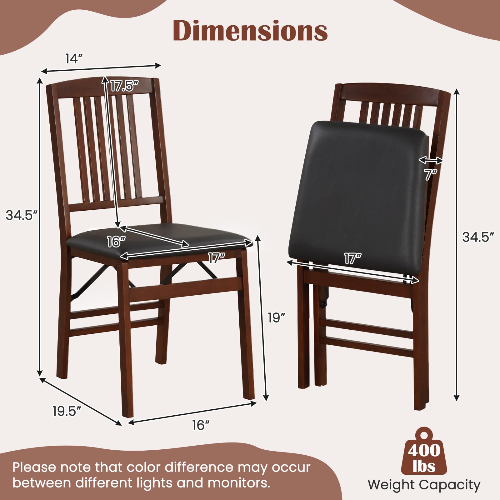 Giantex Solid Wood Folding Dining Chairs Set of 2 - 400 Lbs Capacity Foldable Kitchen Chairs with Padded Seat, No Assembly Armless Side Chairs for Small Space - Perfect for Apartments, Dining Rooms & Kitchenettes (Brown & Black)