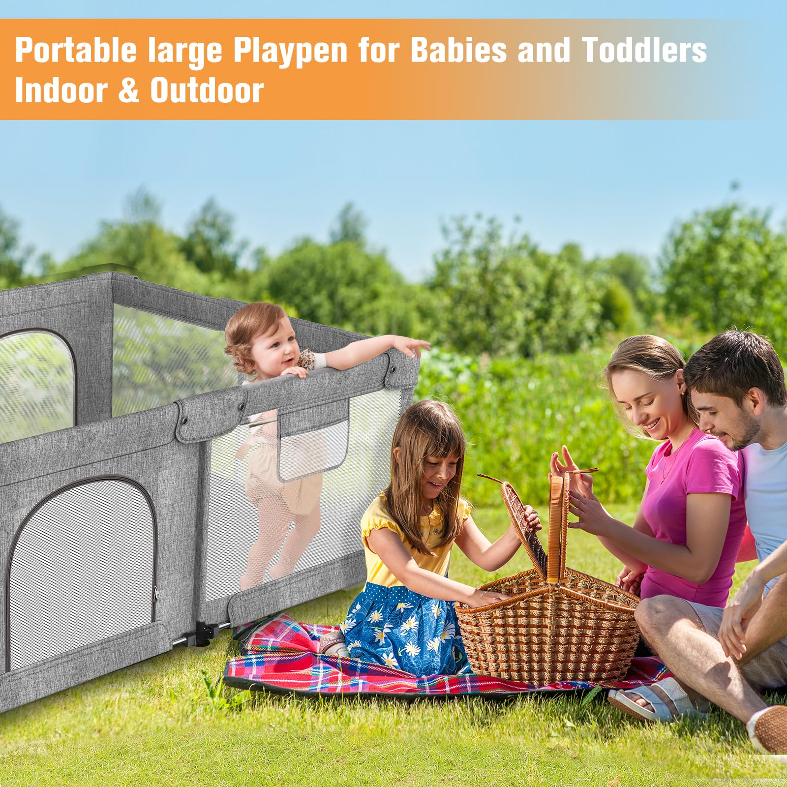 Foldable Baby Playpen with Gate - Extra Large Collapsible Play Yard for Babies & Toddlers - Portable Travel Play Pen with Safety Fence - Safe Activity Center for Indoor & Outdoor Use (59