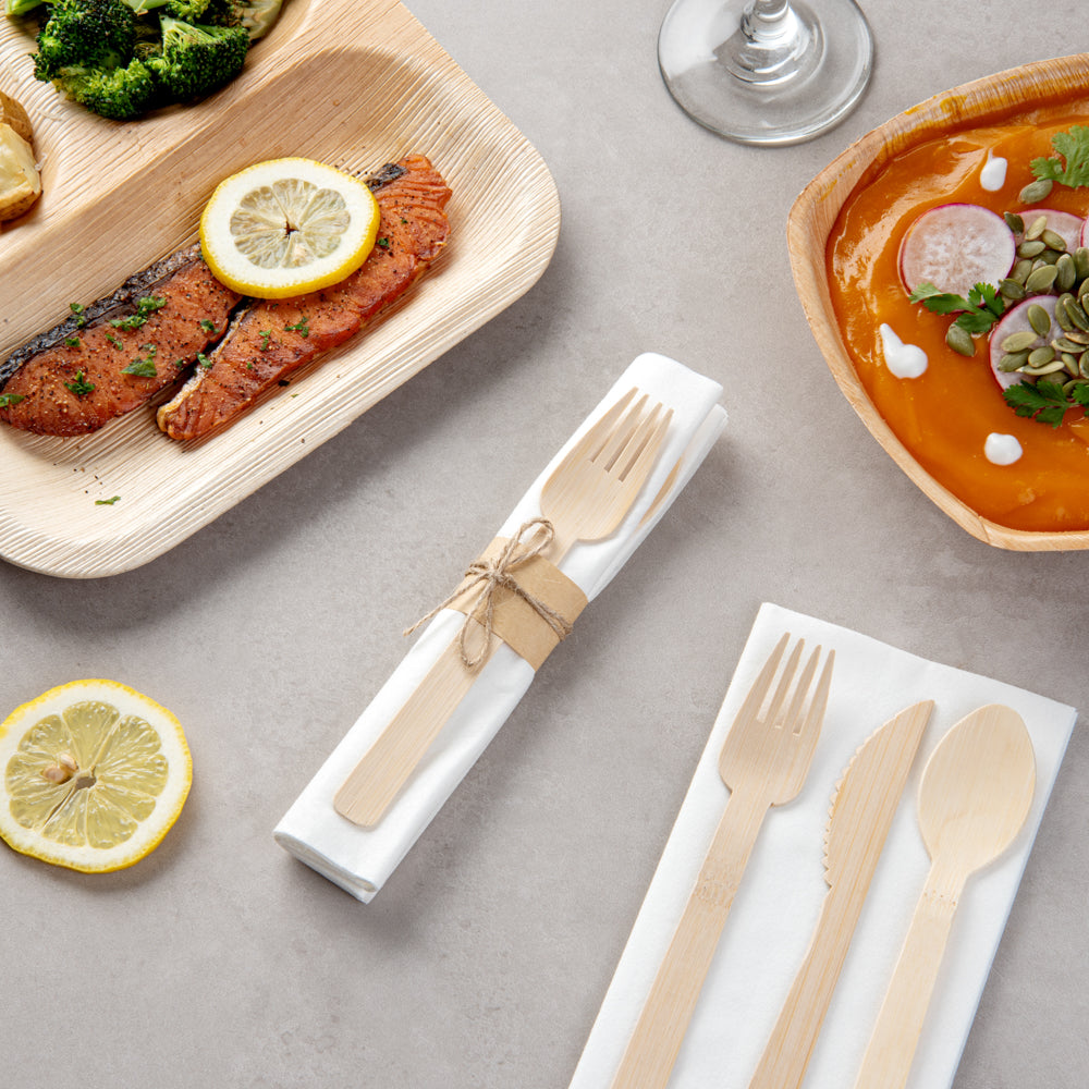 100% Natural Bamboo Leaf Salad Plates (7 Inch) & Disposable Flatware Set - Eco-Friendly Compostable Dinnerware for Parties, Picnics, Weddings & Sustainable Living
