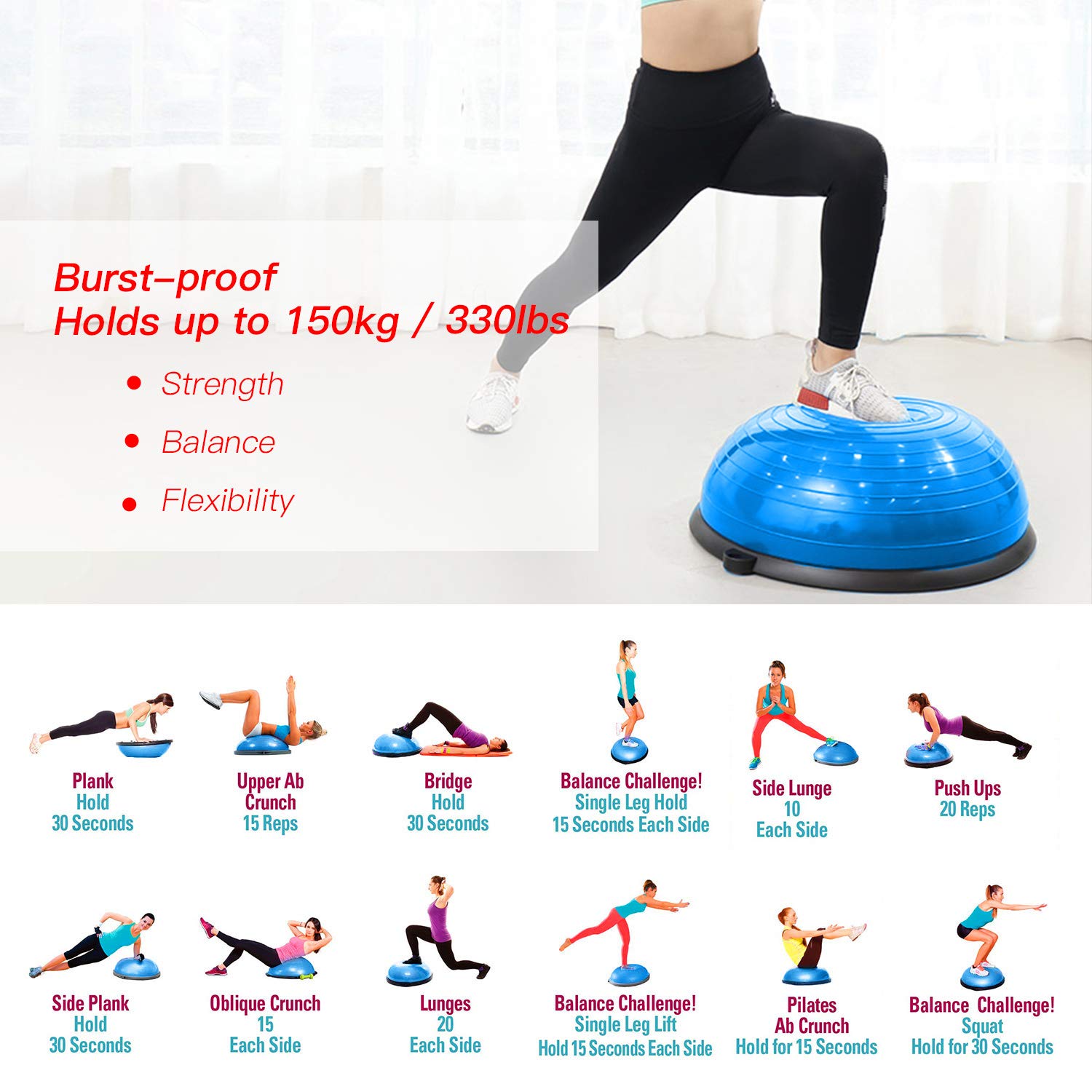 EVERYMILE 23.6 Inch Anti-Skid Balance Ball Trainer with Resistance Bands & Pump - Stability Yoga Exercise Ball for Core Training, Home Gym Workouts | Perfect for Pilates, Physical Therapy & Office Chair Replacement
