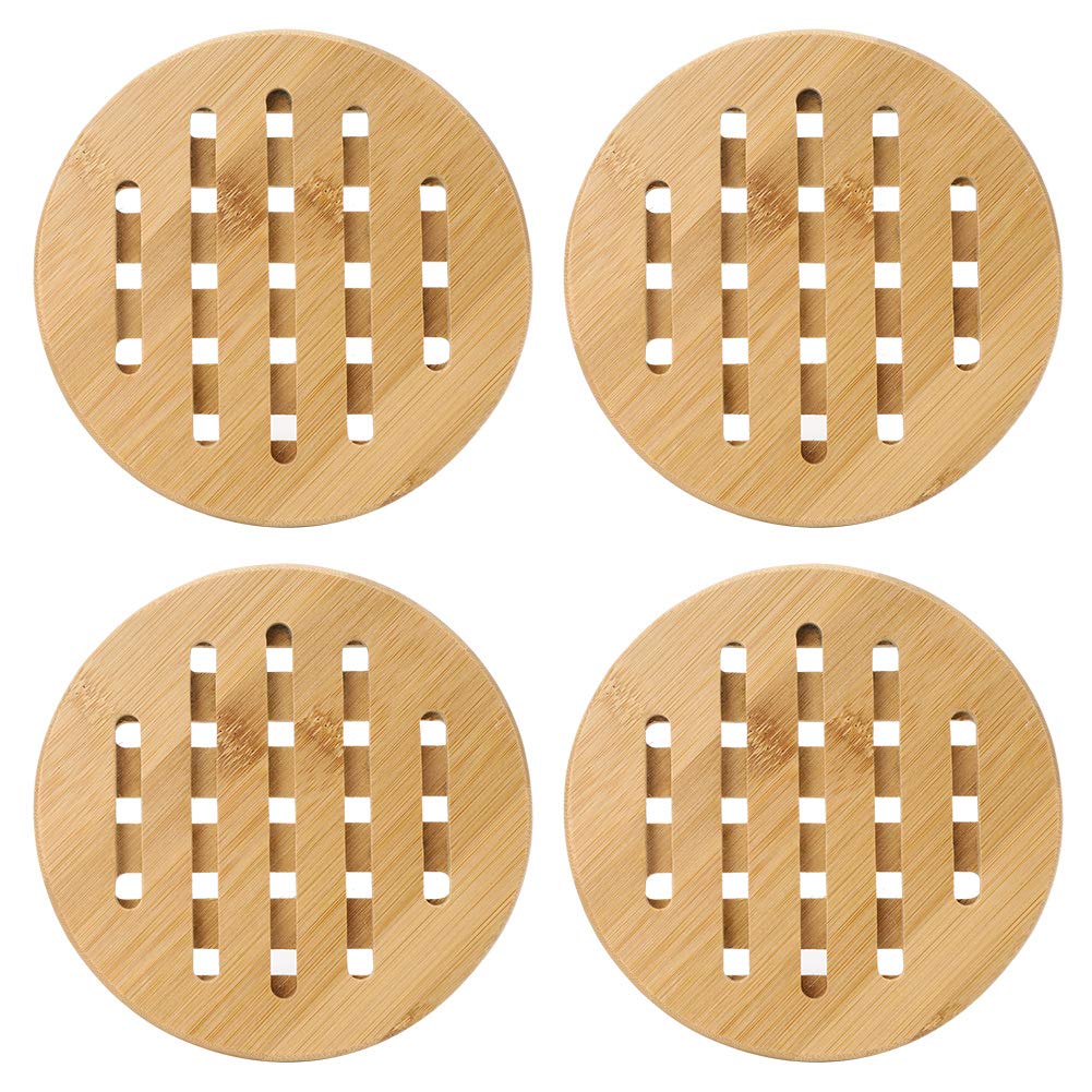 4Pcs Bamboo Coasters Set - Non-Slip Heat Resistant Drink Cup Mats for Dining Table, Kitchen & Home Decor - Washable Round Placemats for Hot Bowls, Coffee Mugs & Glasses (Perfect for Daily Use, Parties & Restaurants)