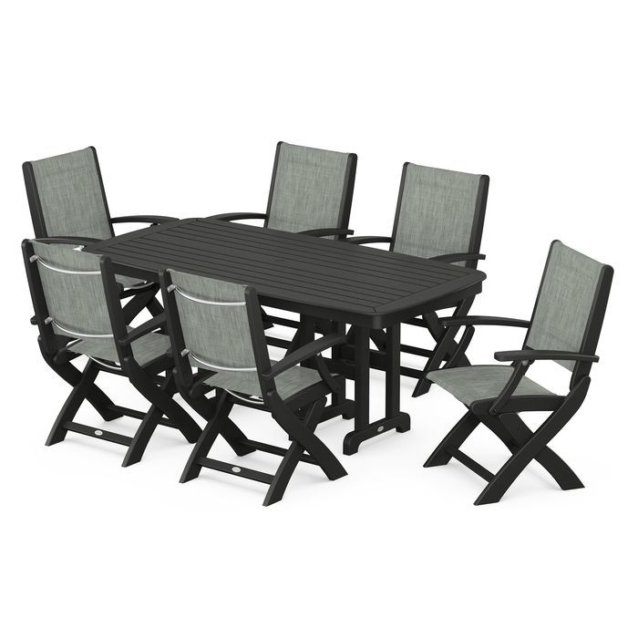 POLYWOOD Coastal Folding Arm Chair 7-Piece Outdoor Dining Set - Perfect for Patio, Deck, Poolside & Beachfront Entertaining