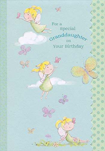 Designer Greetings Three Fairies Playing with Butterflies Tri-Fold Die-Cut Birthday Card - Perfect for Granddaughter's Special Day | Birthday Greeting Card for Kids, Grandchildren & Fairy Tale Lovers