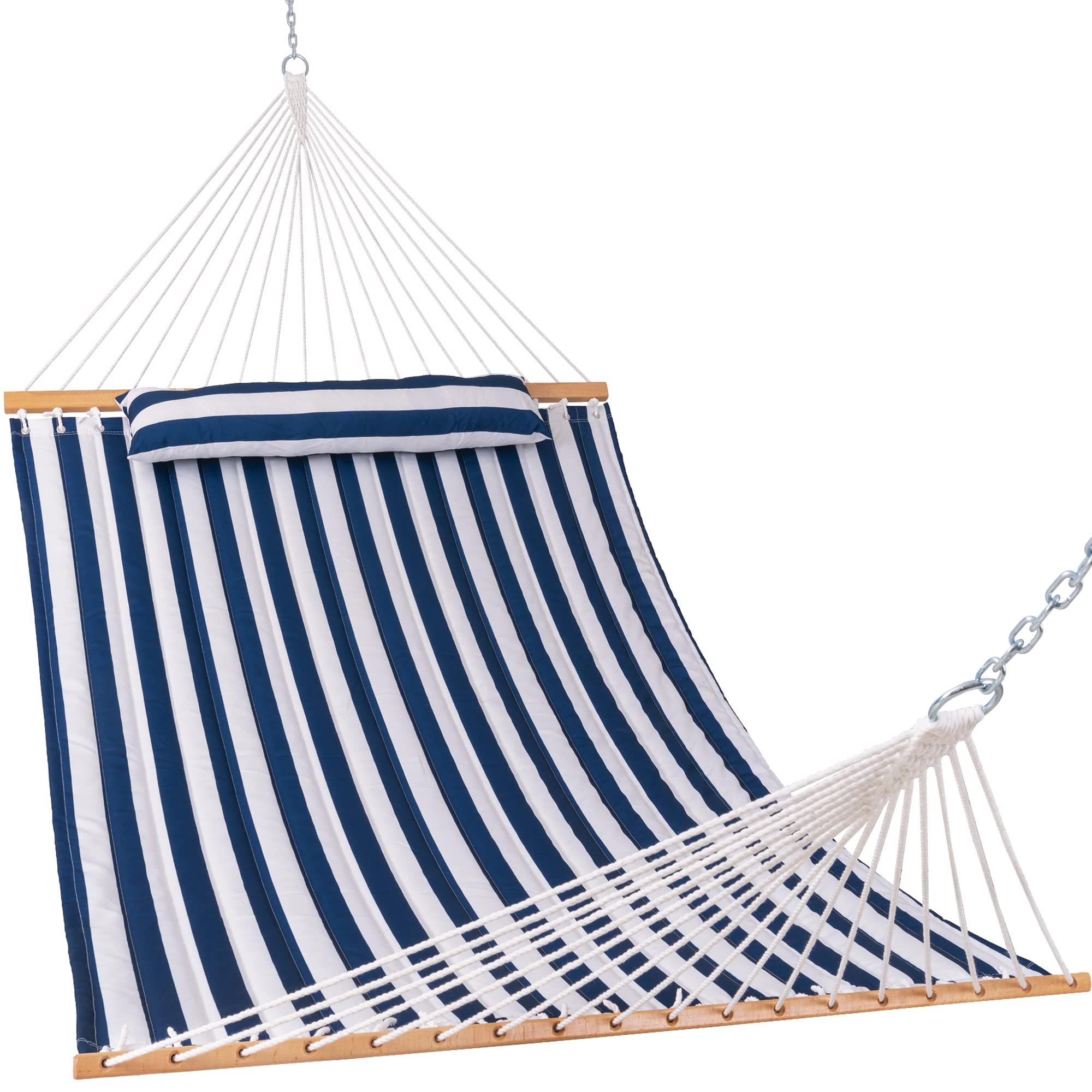 12 FT Quilted Double Hammock with Spreader Bar & Chains - 2-Person Outdoor Hammock for Patio, Poolside, Backyard & Beach - Includes Pillow & 450 lbs Capacity (Blue & White) - Perfect for Relaxing, Lounging & Summer Getaways