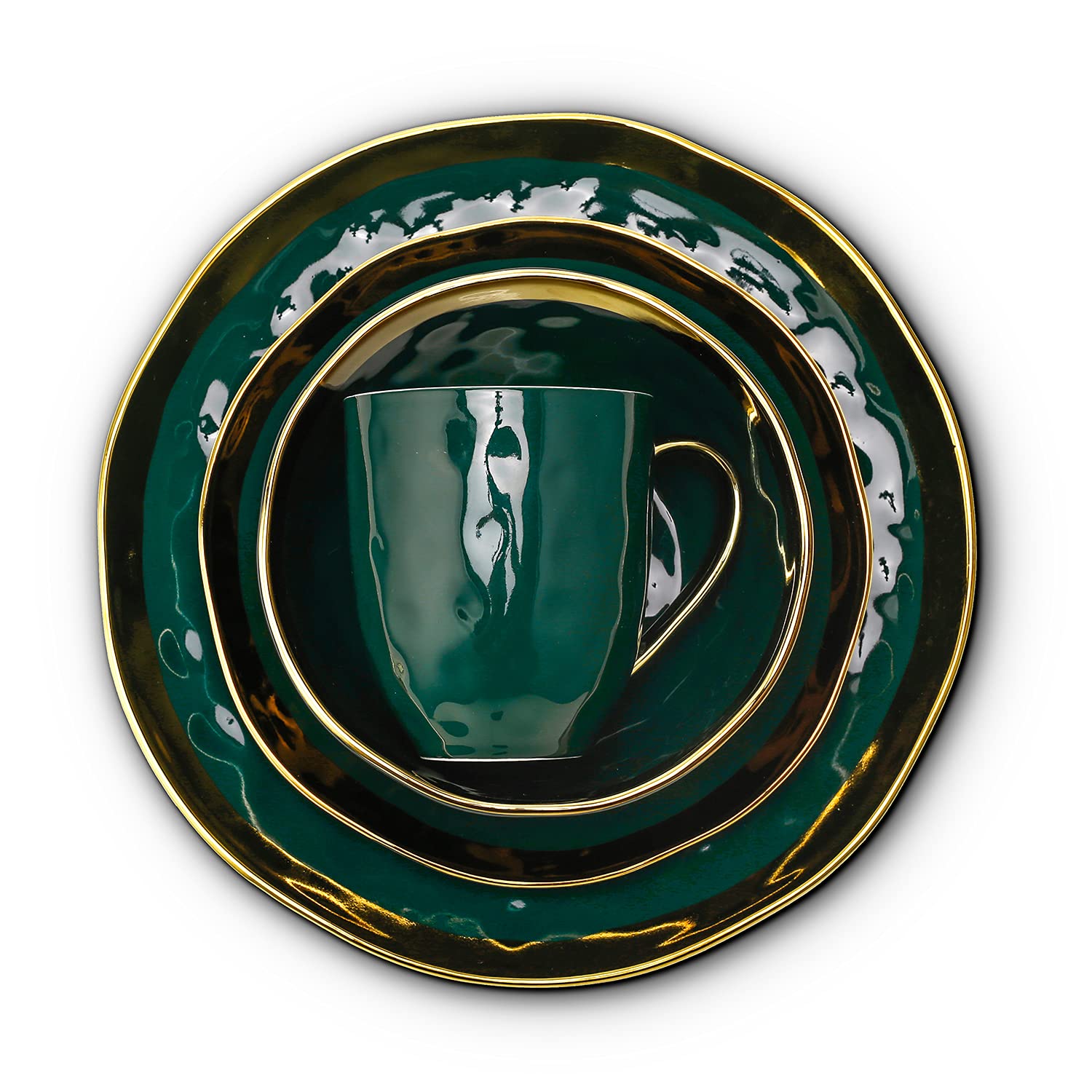 Florian Modern Porcelain 16-Piece Dinnerware Set - Green & Gold Rim Plates & Bowls for 4 - Elegant Stone Lain Dish Set for Dining, Entertaining & Everyday Use