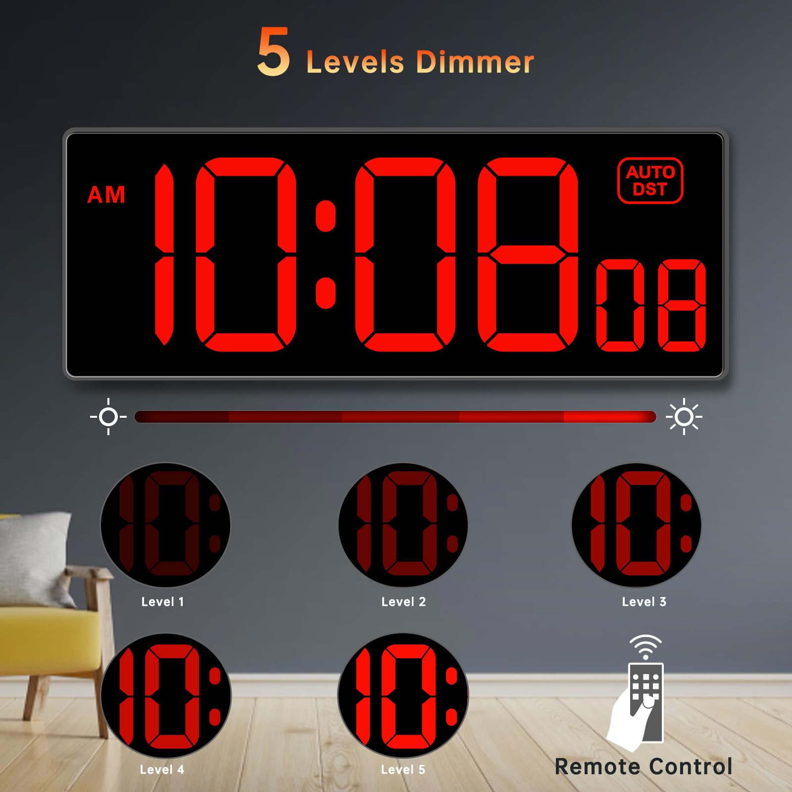 Large LED Digital Wall Clock with Seconds & Remote Countdown Timer - 5 Dimmer Modes for Gym, Office, Classroom | Soobest Bright Display for Fitness, Work & Study