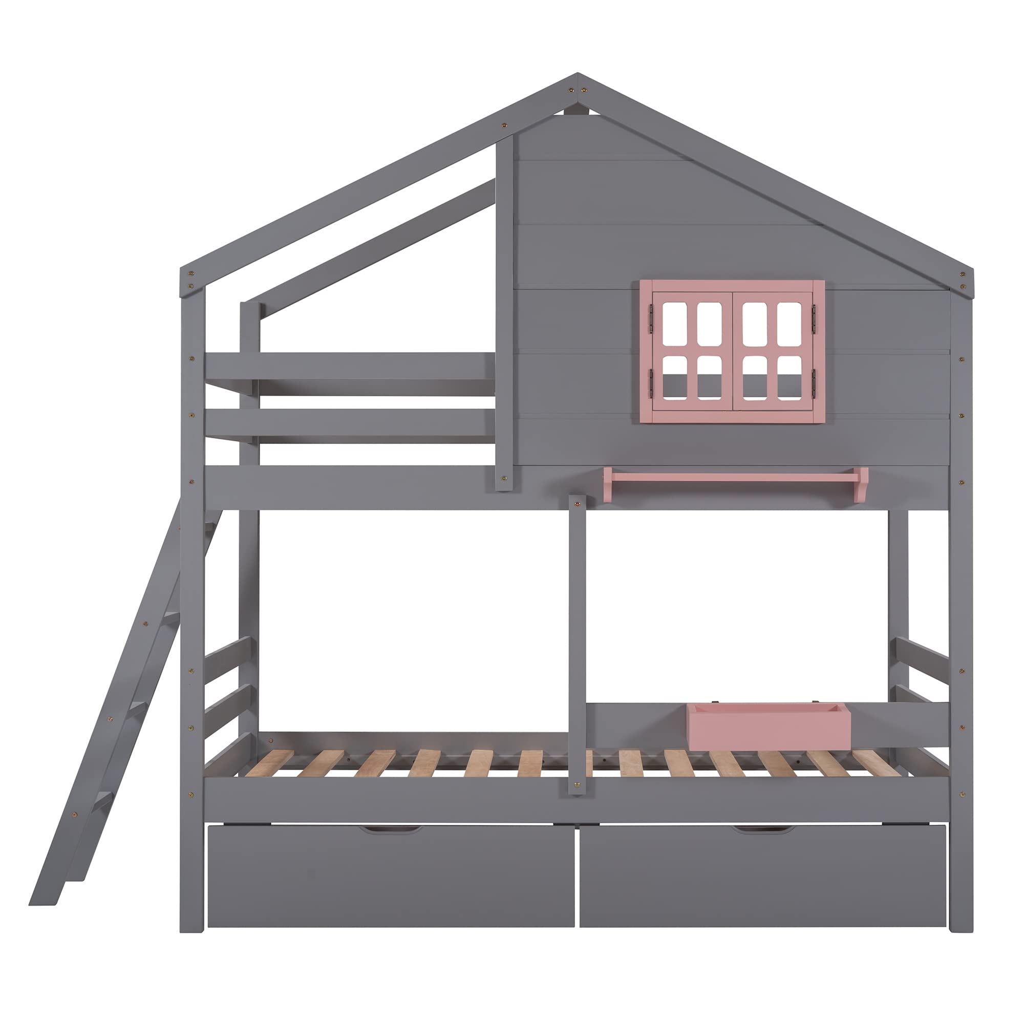 House Style Twin Over Twin Bunk Bed with Storage - No Box Spring Needed, Includes 2 Drawers, 1 Storage Box & Shelf - Gray Loft Bed for Teens, Kids, Boys or Girls - Perfect for Small Bedrooms, Dorm Rooms & Space-Saving Kids' Rooms