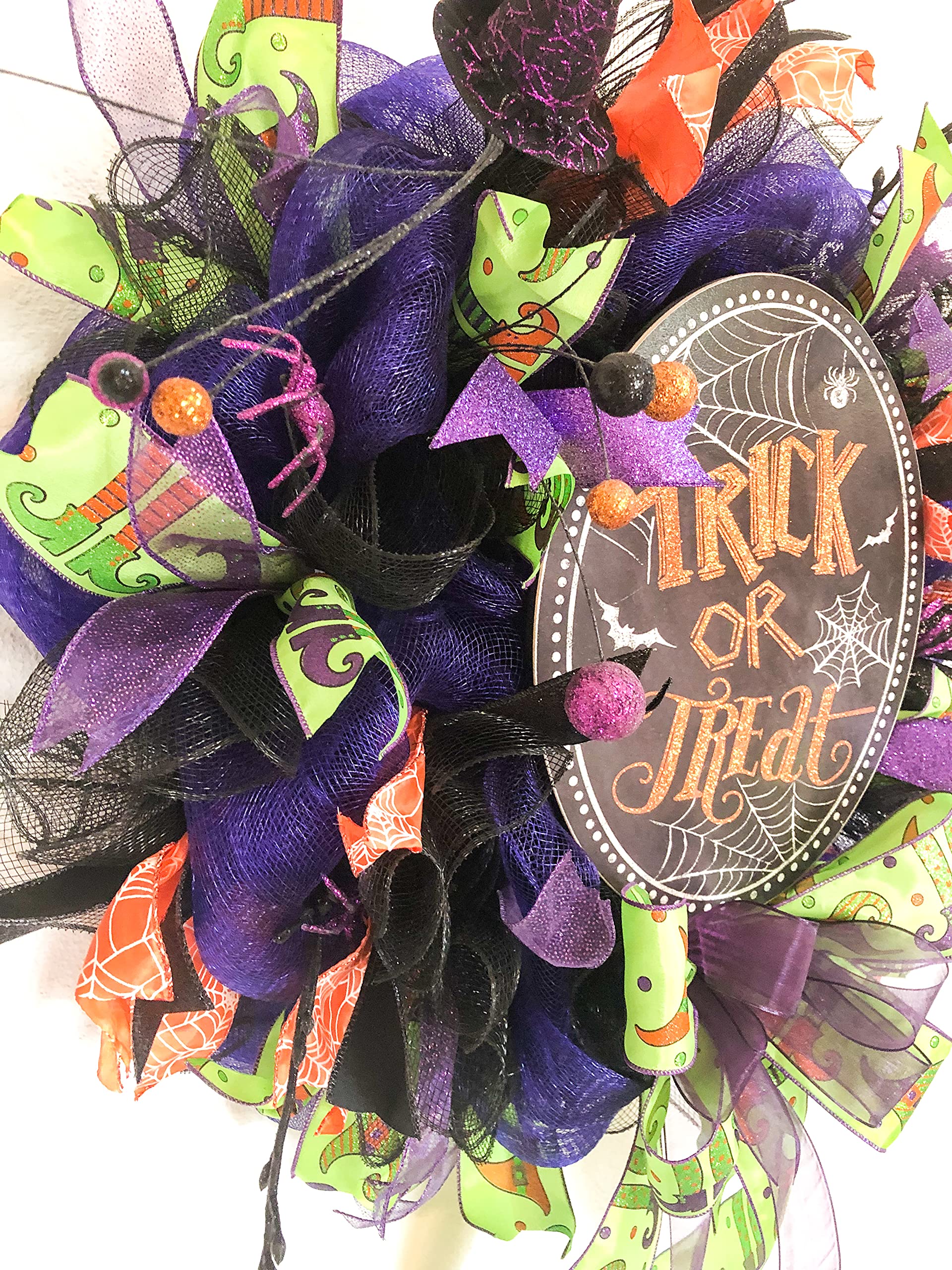Halloween Wreath - Handmade Trick or Treat Deco Mesh Wreath for Front Door Decor, Halloween Party & Home Decoration