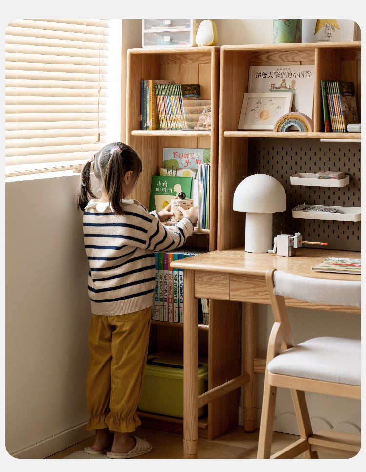 Solid Oak Wood Adjustable Height Kids Study Desk with Bookshelf - Perfect for Homework, Reading & Organizing in Bedroom or Playroom