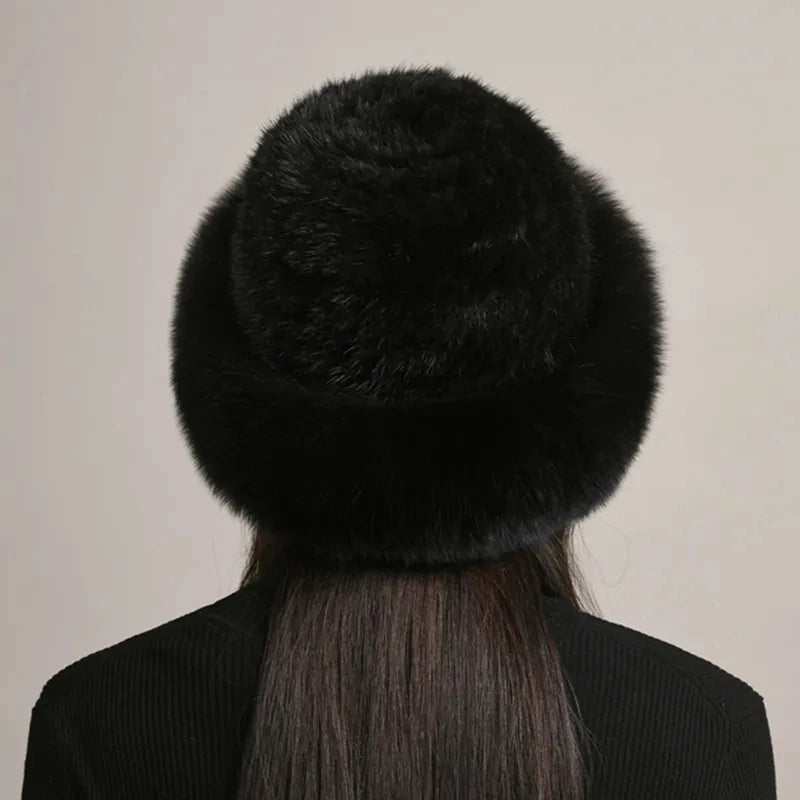 Luxury Handmade Knitted Mink Fur Hat with Real Fox Fur - Women's Winter Fashion Accessory for Cold Weather, Outdoor Activities & Holiday Gifts
