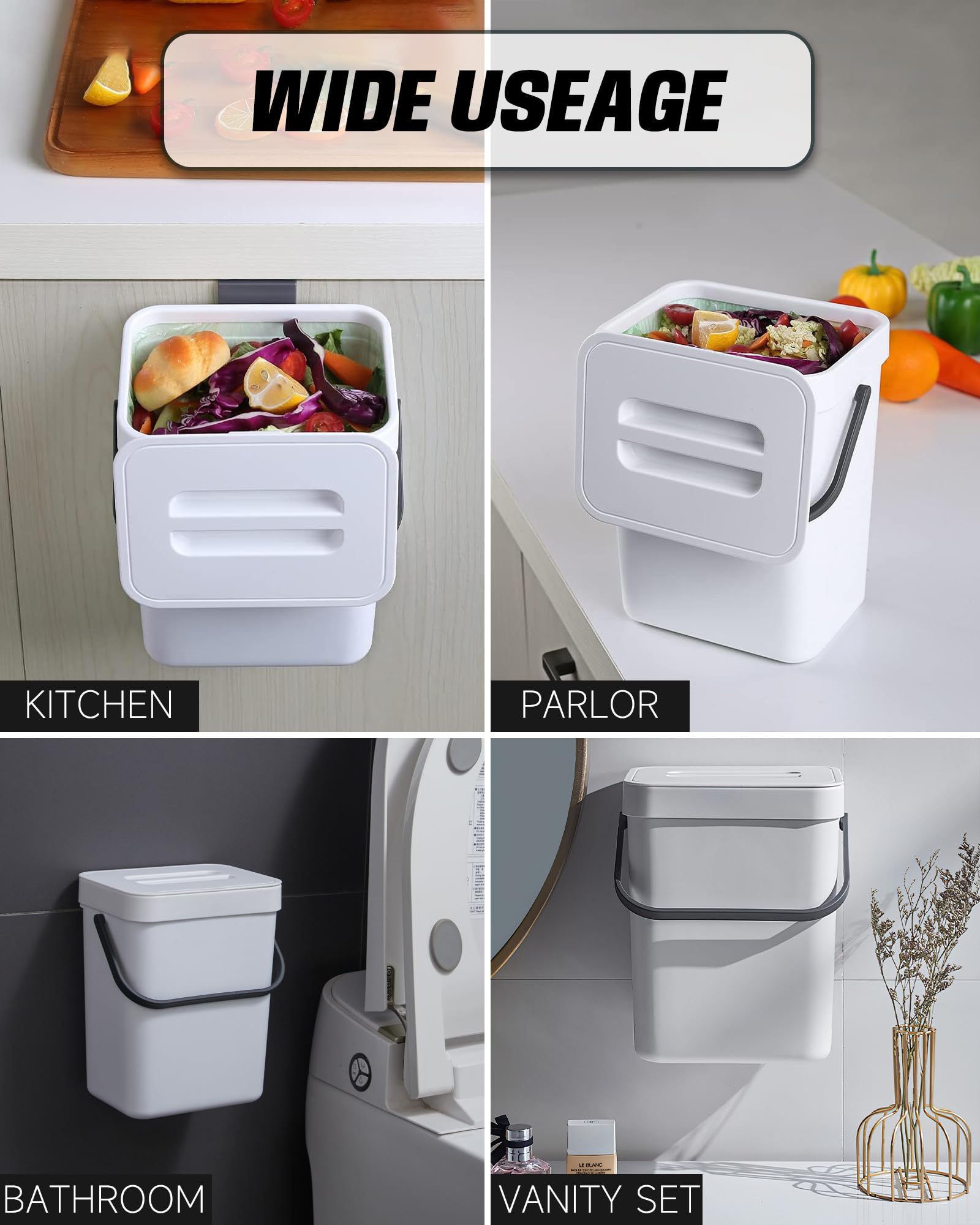 Eco-Friendly Indoor Compost Bin - 1.3 Gallon (5L) Hanging Small Trash Can with Lid for Kitchen & Bathroom, Under Sink Waste Basket, Countertop Compost Bucket - Perfect for Organic Waste Recycling, Food Scraps Collection & Sustainable Living (White)