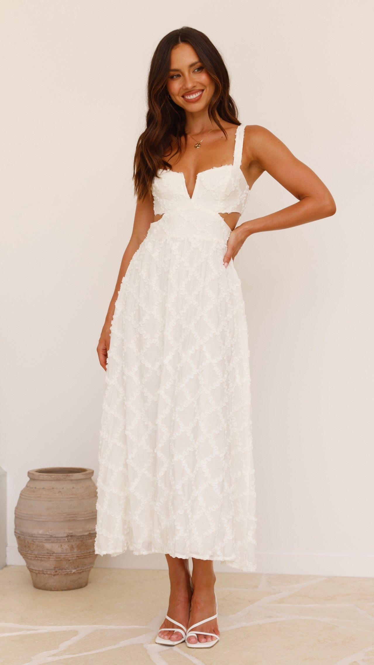 Jenny Side Cut Midi Dress - Elegant Cream Flowy Summer Dress for Women | Perfect for Beach Vacations, Date Nights & Outdoor Parties