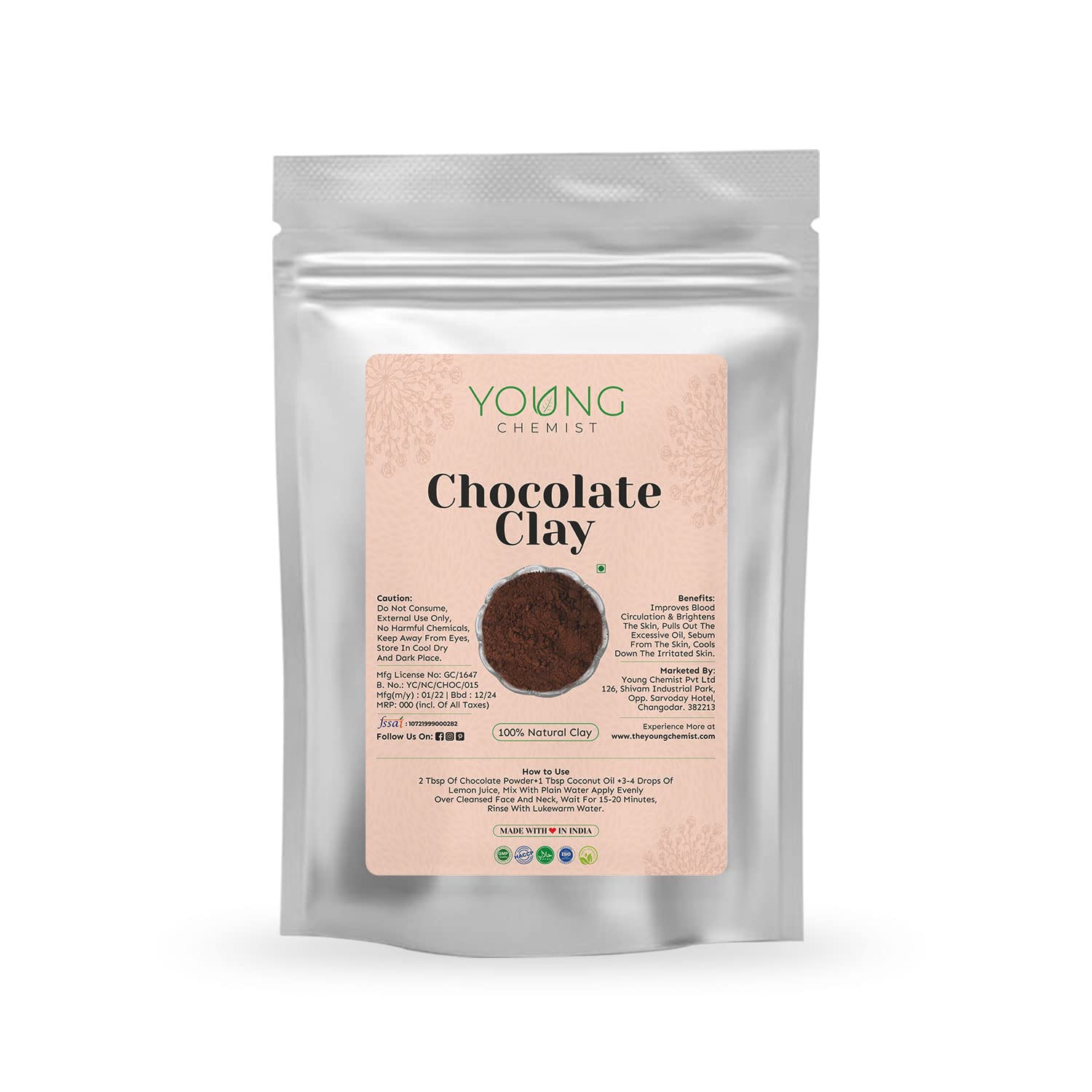 Organic Vegan Chocolate Clay Mask for Acne Treatment & Scar Removal - Skin Tightening & Glow Boosting - 500g Raw Face Mask for Spa & Home Skincare Routine