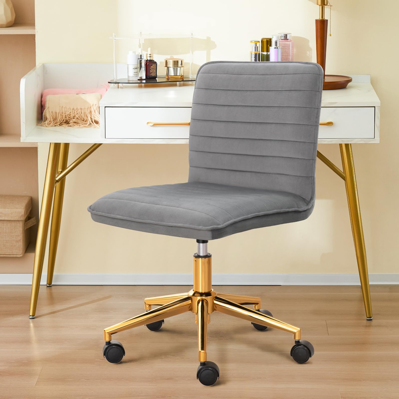 Furnimart Modern Armless Office Desk Chair - Adjustable Swivel Mid-Back Upholstered Chair for Home Office, Dorm Room & Vanity | Soft Velvet Seat (Grey) | Perfect for Teen Girls, Small Spaces & Workstations