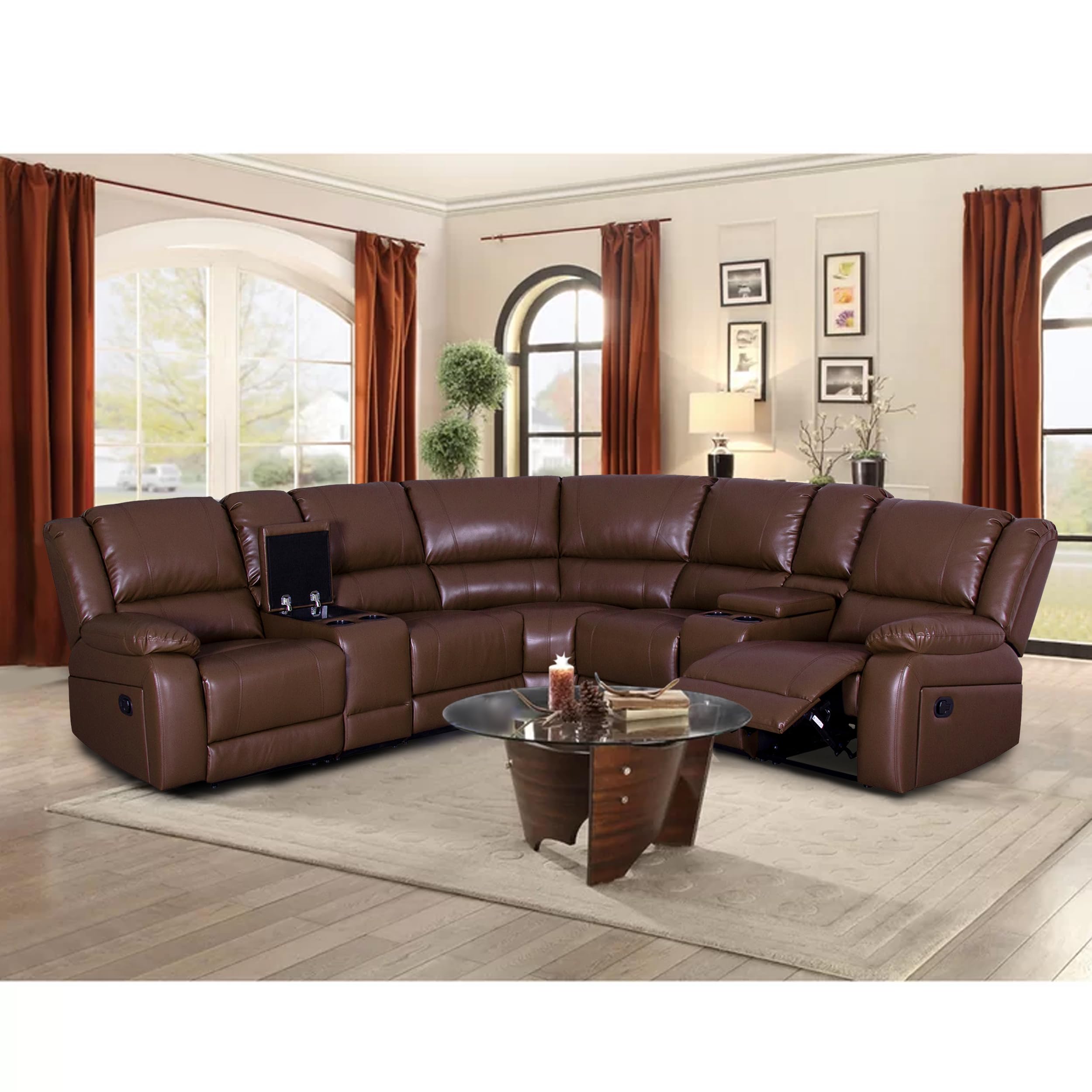 Modular Sectional Sofa with PU Leather & Manual Recliner - Symmetrical L-Shaped Couch Set for Living Room | Brown Reclining Sofa for Family Movie Nights & Lounge Relaxation