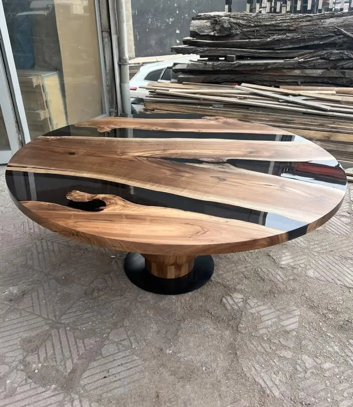 Handmade Round Epoxy Resin Table with Natural Walnut Wood Tulip Base - Modern Coffee Table for Living Room, Office & Dining Area