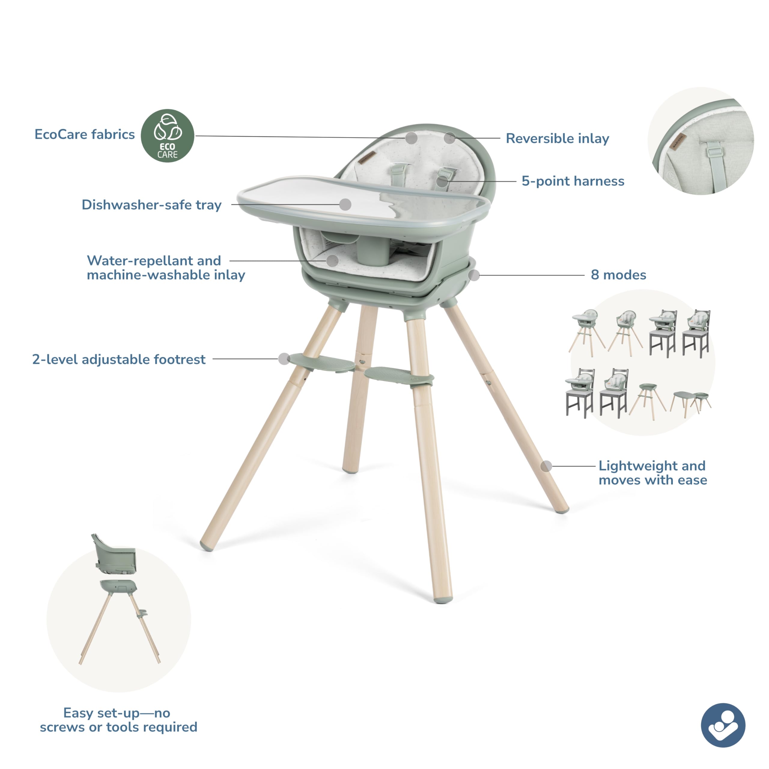 Maxi-Cosi Moa 8-in-1 Convertible High Chair for Babies & Toddlers - Lightweight, Compact & Machine Washable - Classic Green - Perfect for Dining, Travel & Small Spaces