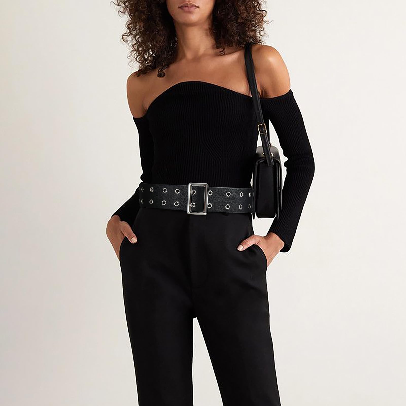Women's Black Belt with Silver Buckle & Metal Ring Link Decor - Stylish Accessory for Jeans, Pants & Casual Outfits | Perfect for Everyday Wear, Office & Date Nights