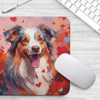 Australian Shepherd Mouse Pad with Red Hearts - Non-Slip Rubber Desk Mat for Computer, Laptop & Office - Cute Puppy Design for Dog Lovers - Perfect for Home Office, Gaming & Workstations