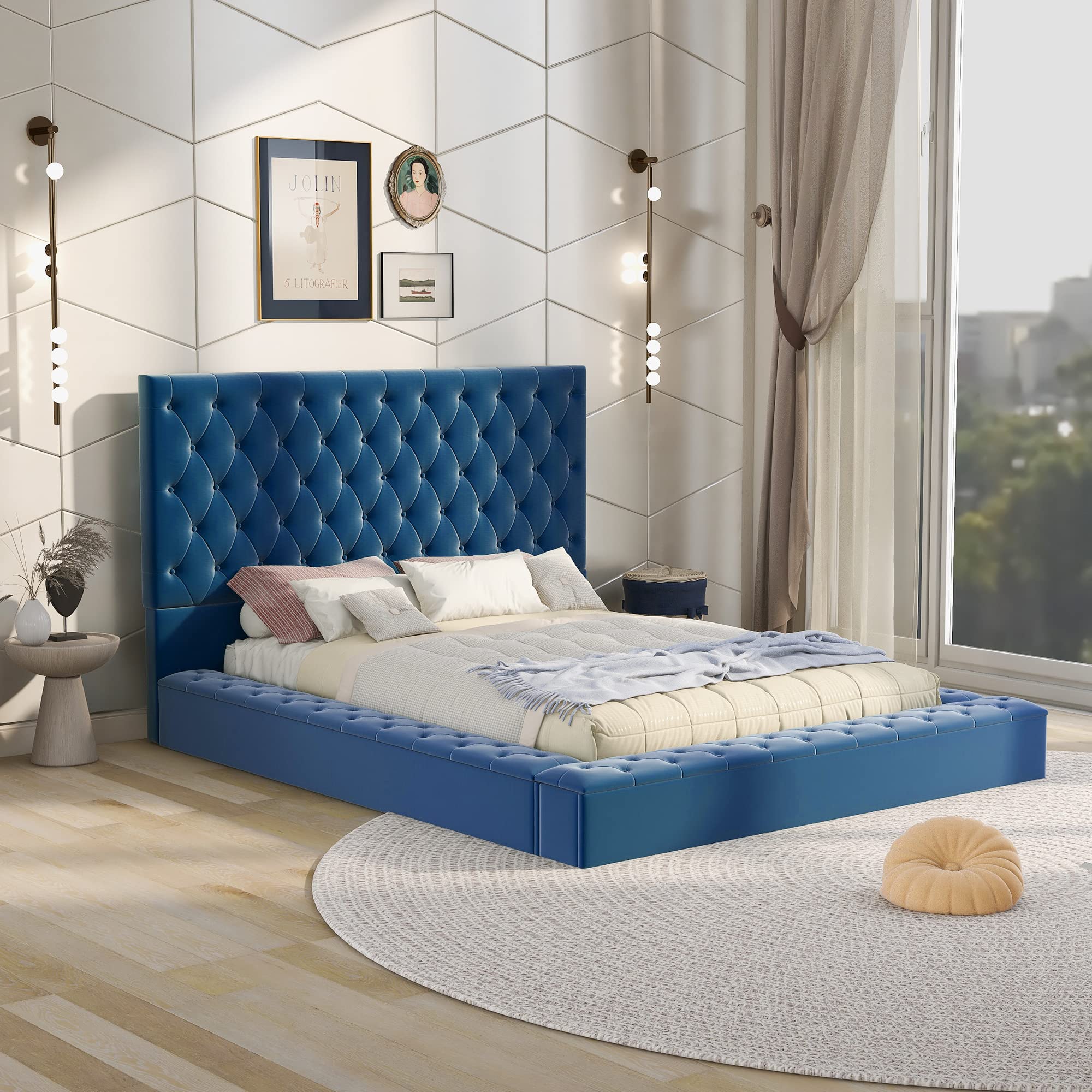 Luxury Velvet Upholstered Full Size Platform Bed with Deep Button Tufting & Side Storage - 80
