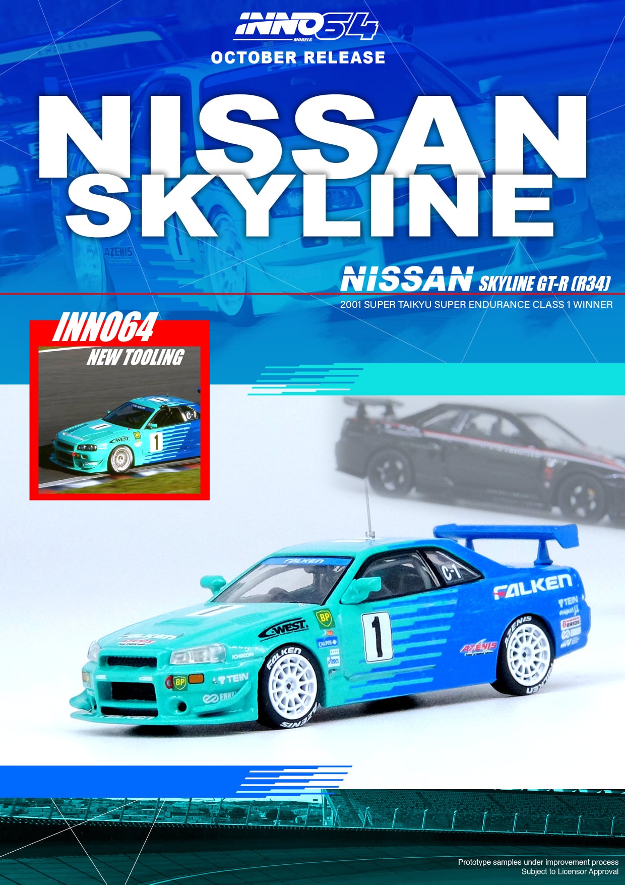 INNO Models 1:64 Scale Diecast Nissan Skyline GT-R R34 Falken Super Taikyu Racing Car - 2001 Championship Winner Collectible Toy for Display & Racing Enthusiasts - Perfect for Model Car Collections, Gift Giving & Home Office Decor