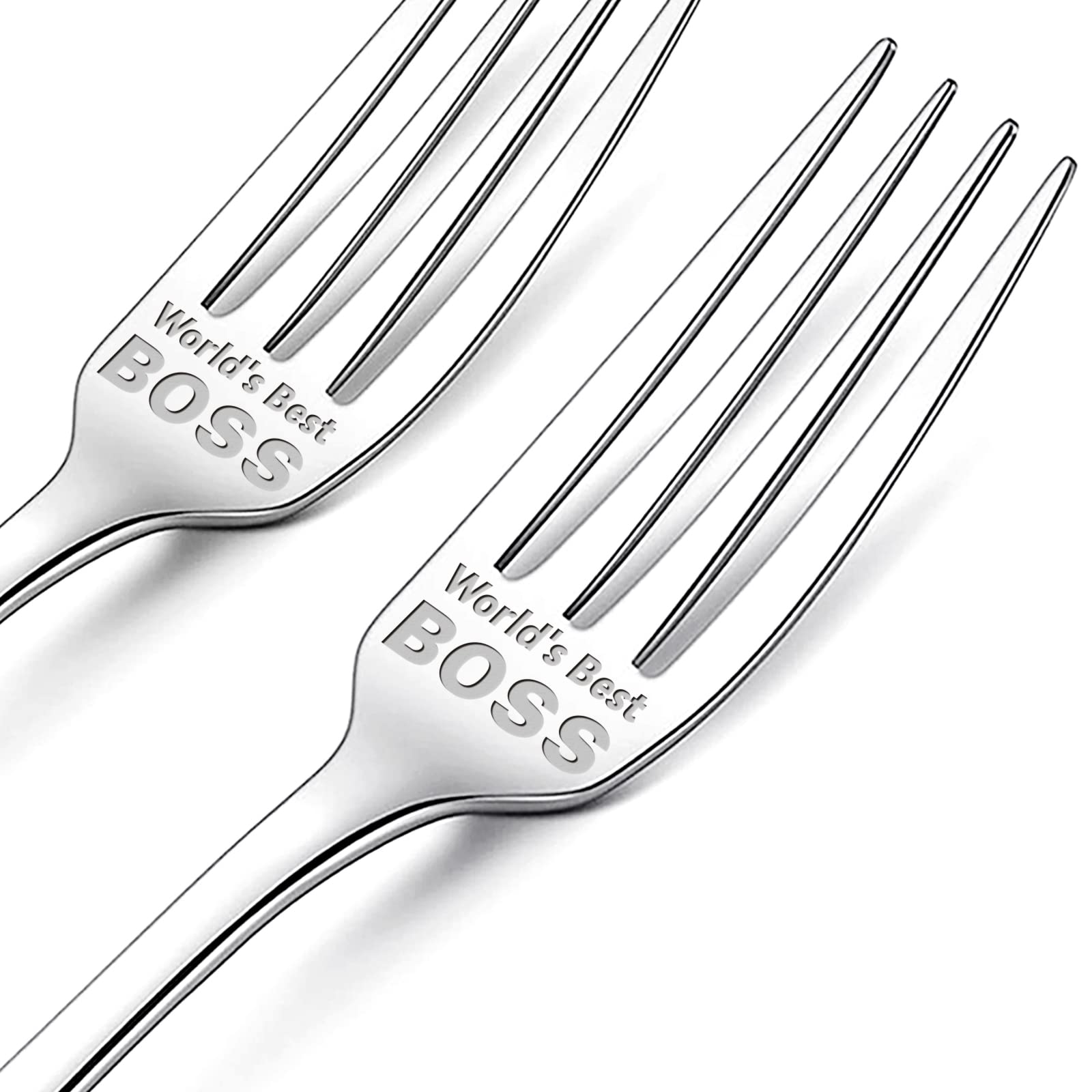 GLOBLELAND 2-Piece Stainless Steel Funny 'World's Best Boss' Engraved Forks with Gift Box - 9 Inch Dinner Forks for Friends, Family, Christmas, Birthday, Wedding - Perfect for Office Gifts, Party Dining & Special Occasions