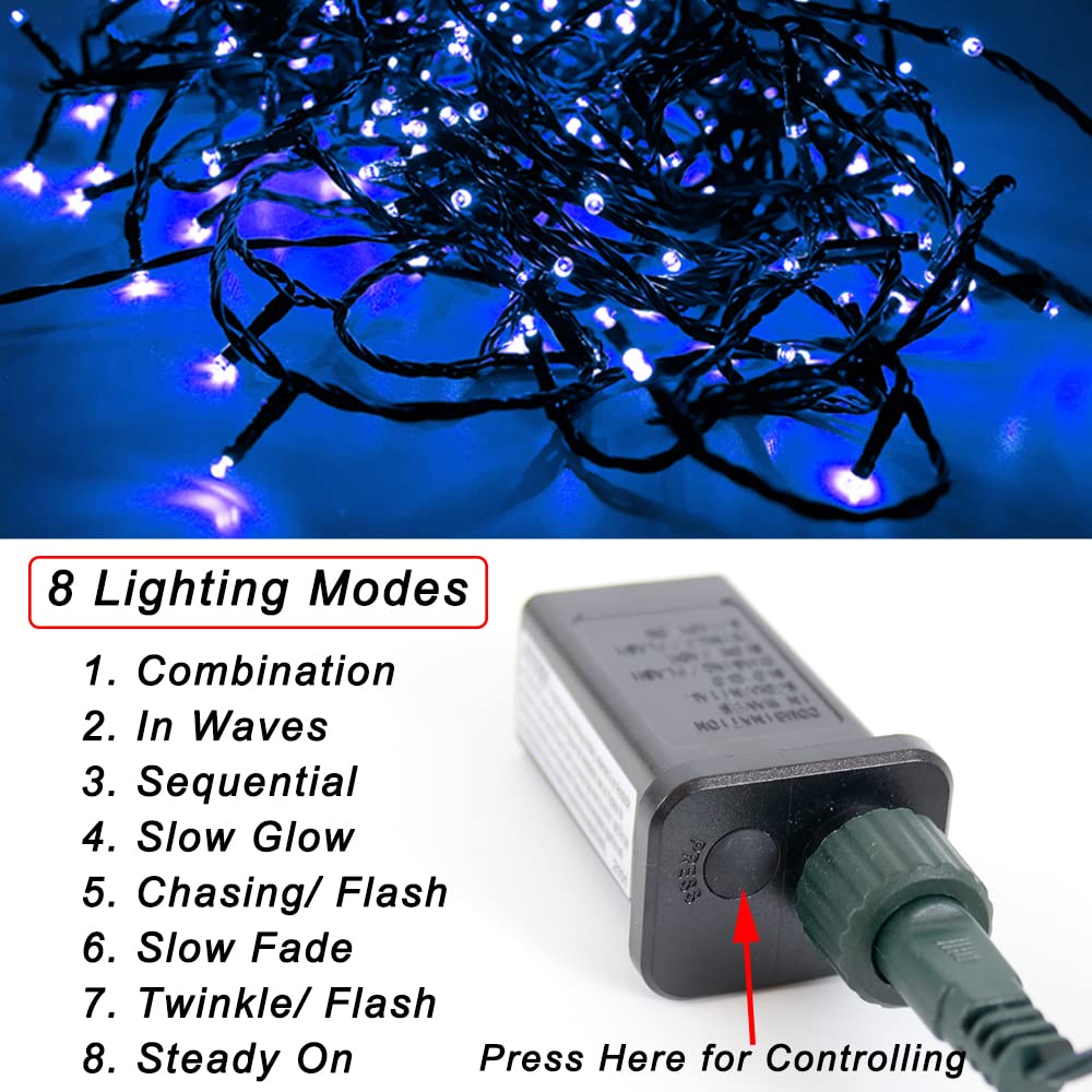 Pooqla 200 LED 66ft Blue Christmas String Lights - 8 Lighting Modes Indoor/Outdoor Fairy Lights for Holiday, Wedding, Party, Halloween - Perfect for Home, Yard, Patio & Christmas Tree Decoration