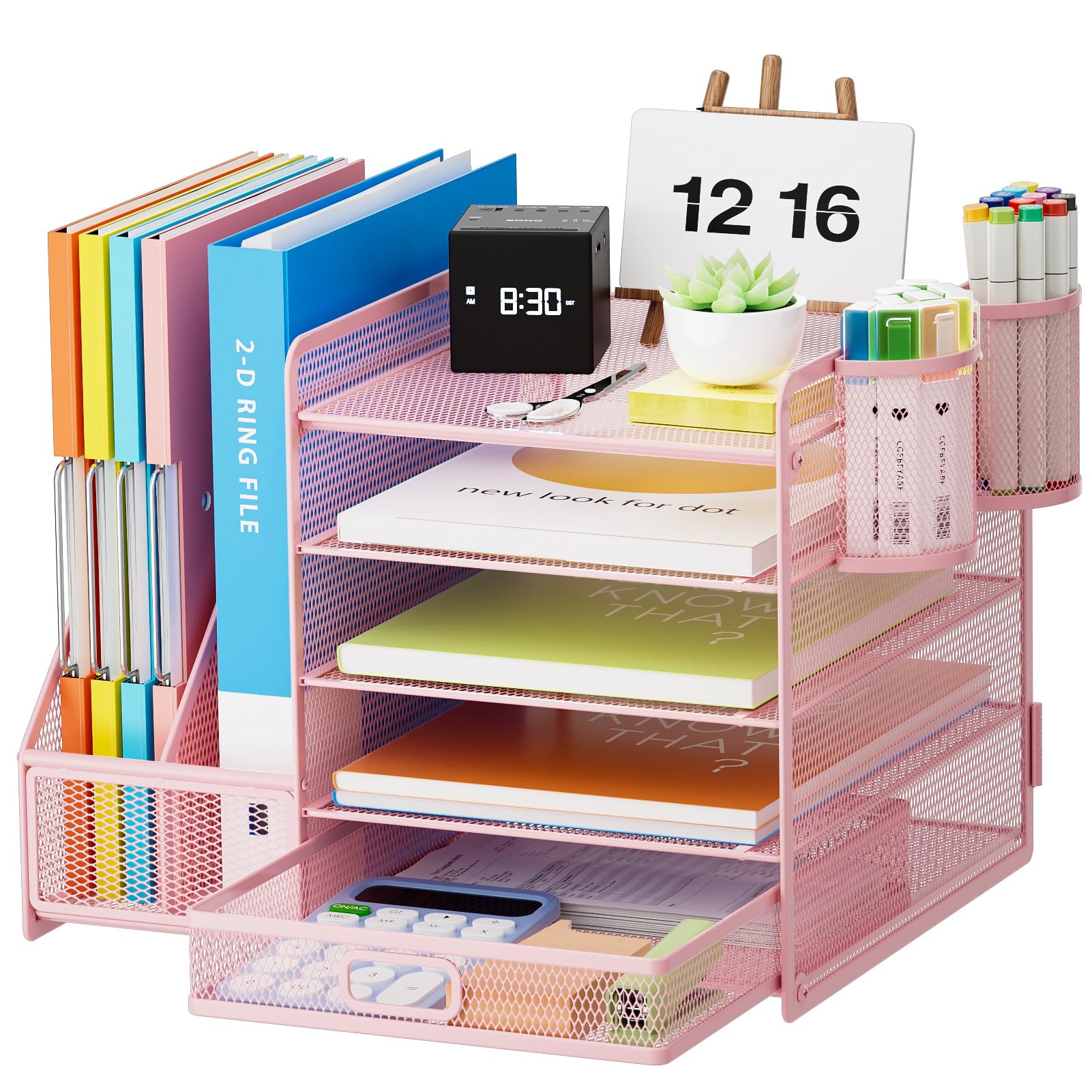 5-Tier Mesh Desk Organizer with File Holder, Drawer & Pen Holders - Pink Office Storage for Paper, Magazines & Supplies | Perfect for Home & Office Workspace Organization
