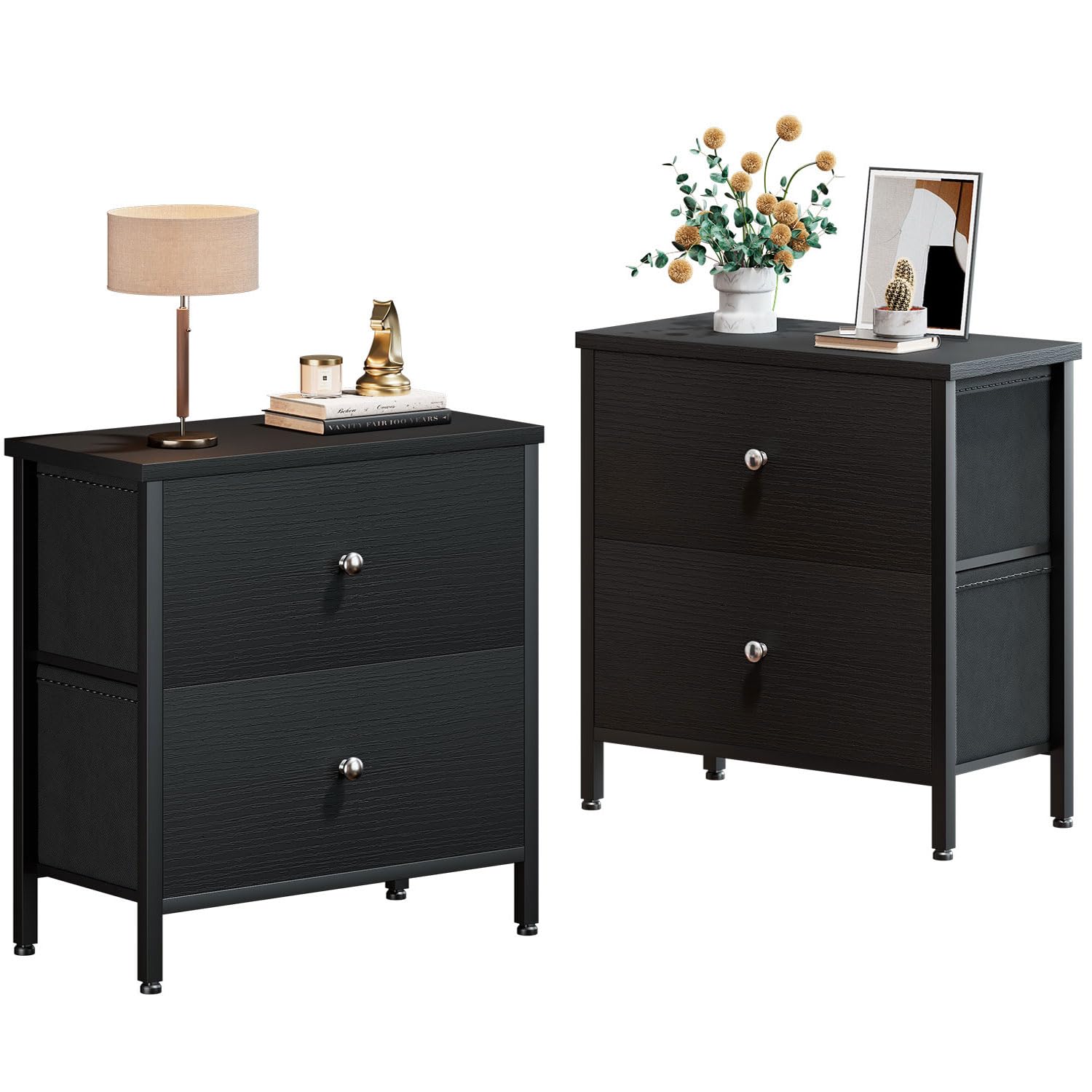 BOLUO Modern Black Nightstands Set of 2 - 2 Drawer Bedside Tables with Fabric Storage for Bedroom, Living Room | Space-Saving End Tables for Small Spaces & Apartment Decor