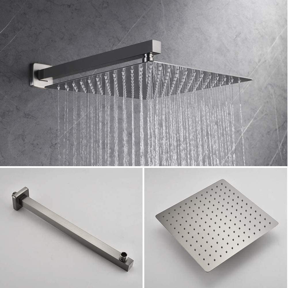IRIBER 3-Function Square Shower System - 12 Inch Rain Shower Head & Handheld with Waterfall Tub Spout, Brushed Nickel Finish | Perfect for Modern Bathroom Renovations & Spa-Like Shower Experience