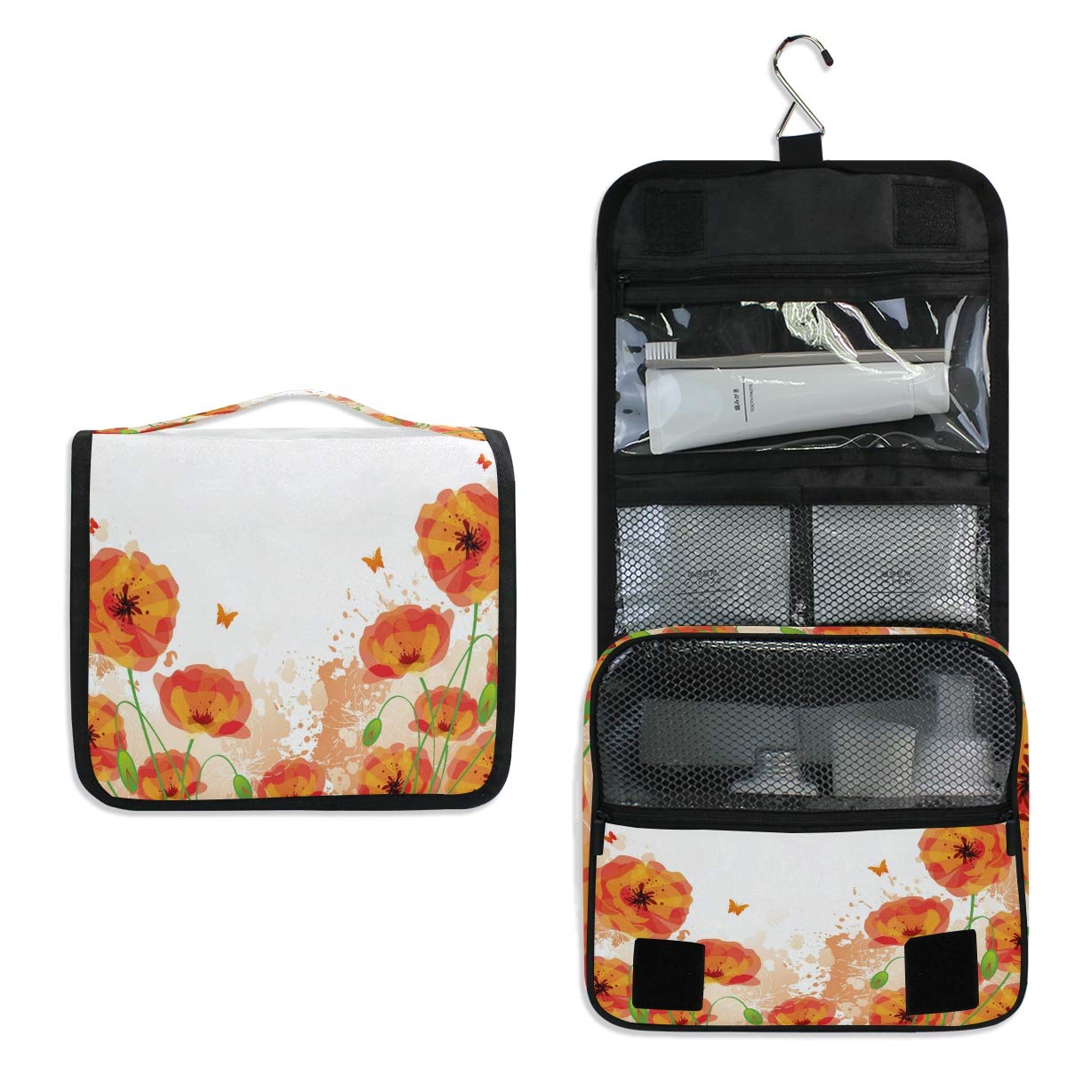 AGONA Hanging Toiletry Bag for Women - Floral Butterfly Travel Cosmetic Organizer with Sturdy Hook | Portable Makeup Pouch for Bathroom, Gym & Vacation | Red Poppy Flower Design
