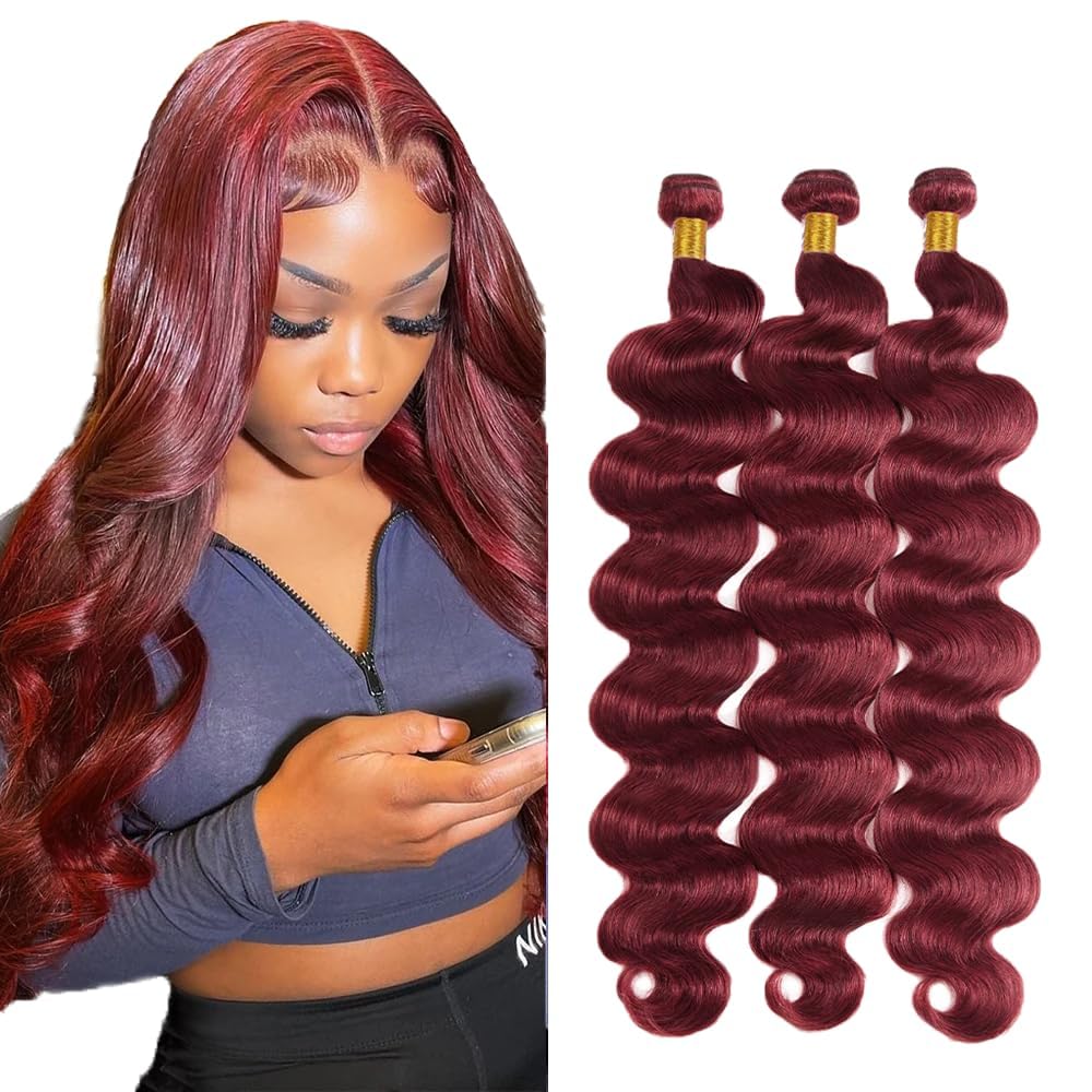26 28 30 Inch Brazilian Virgin Human Hair Bundles - Burgundy 99J Body Wave Unprocessed Hair Extensions for Quick Weave | Natural Color | Perfect for Daily Wear, Parties & Special Occasions