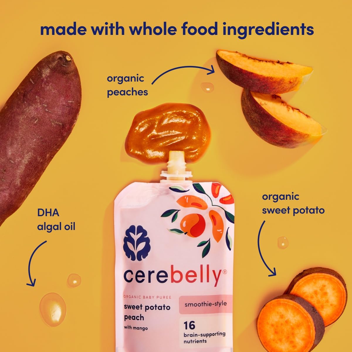 Organic Cerebelly Sweet Potato Peach Smoothie Pouch (Pack of 6) - Healthy Baby Food & Kids Snacks with 16 Essential Nutrients - Brain-Boosting Superfood Puree, No Added Sugar - Perfect for On-the-Go Meals, School Lunches & Toddler Snack Time