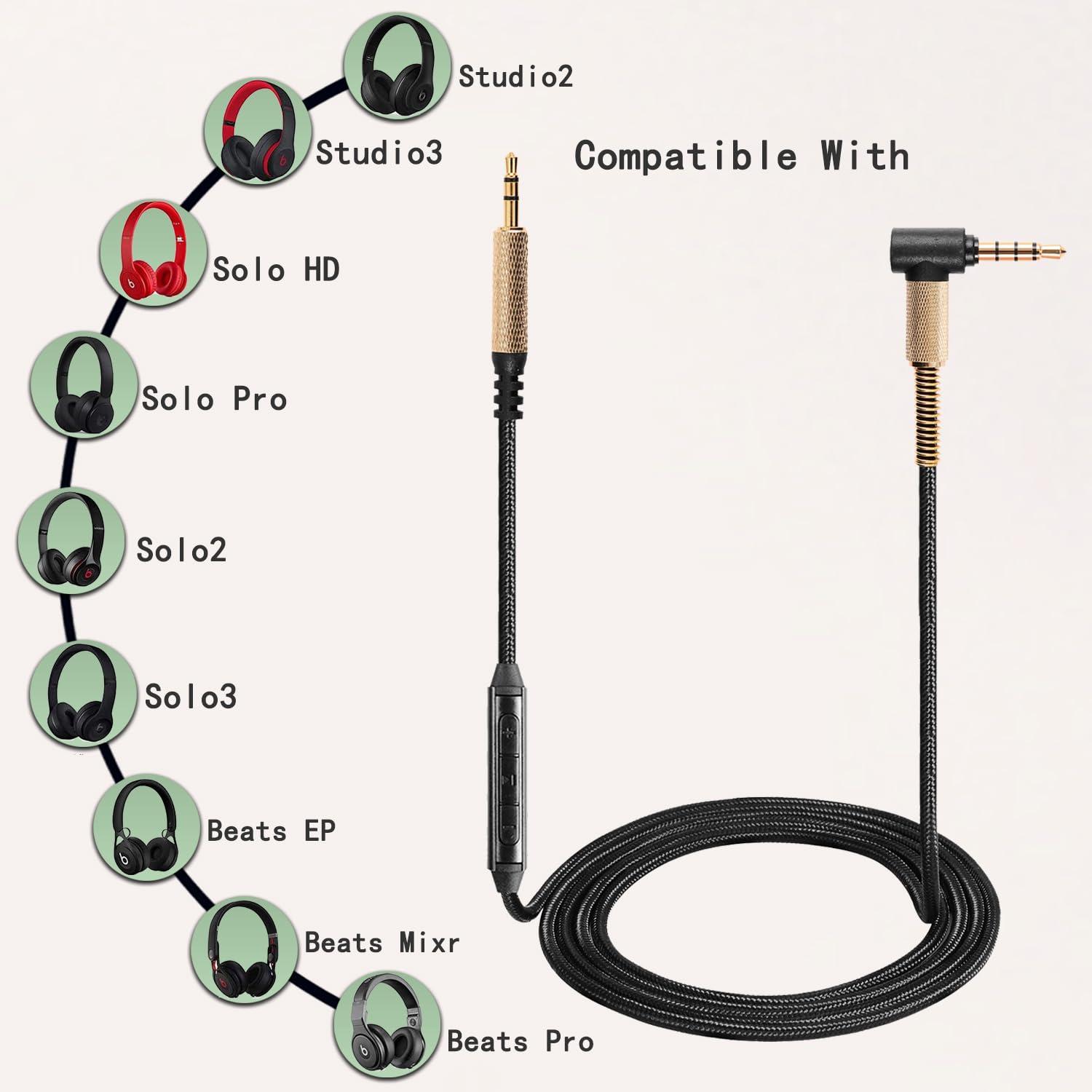 Beats Solo3/Solo Pro & Marshall Major3/4 Replacement Audio Cable with In-Line Mic & Volume Control - 4.9ft Aux Cord for Wireless Headphones, PS4, PS5, MP3 Players - Perfect for Gaming, Music & Travel