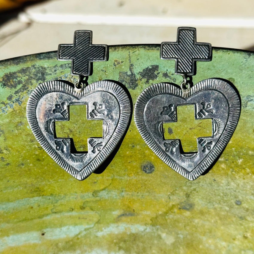 Sterling Silver Heart & Cross Large Pierced Post Earrings for Women - Elegant Dangle Earrings for Valentine's Day, Wedding, Anniversary & Everyday Wear