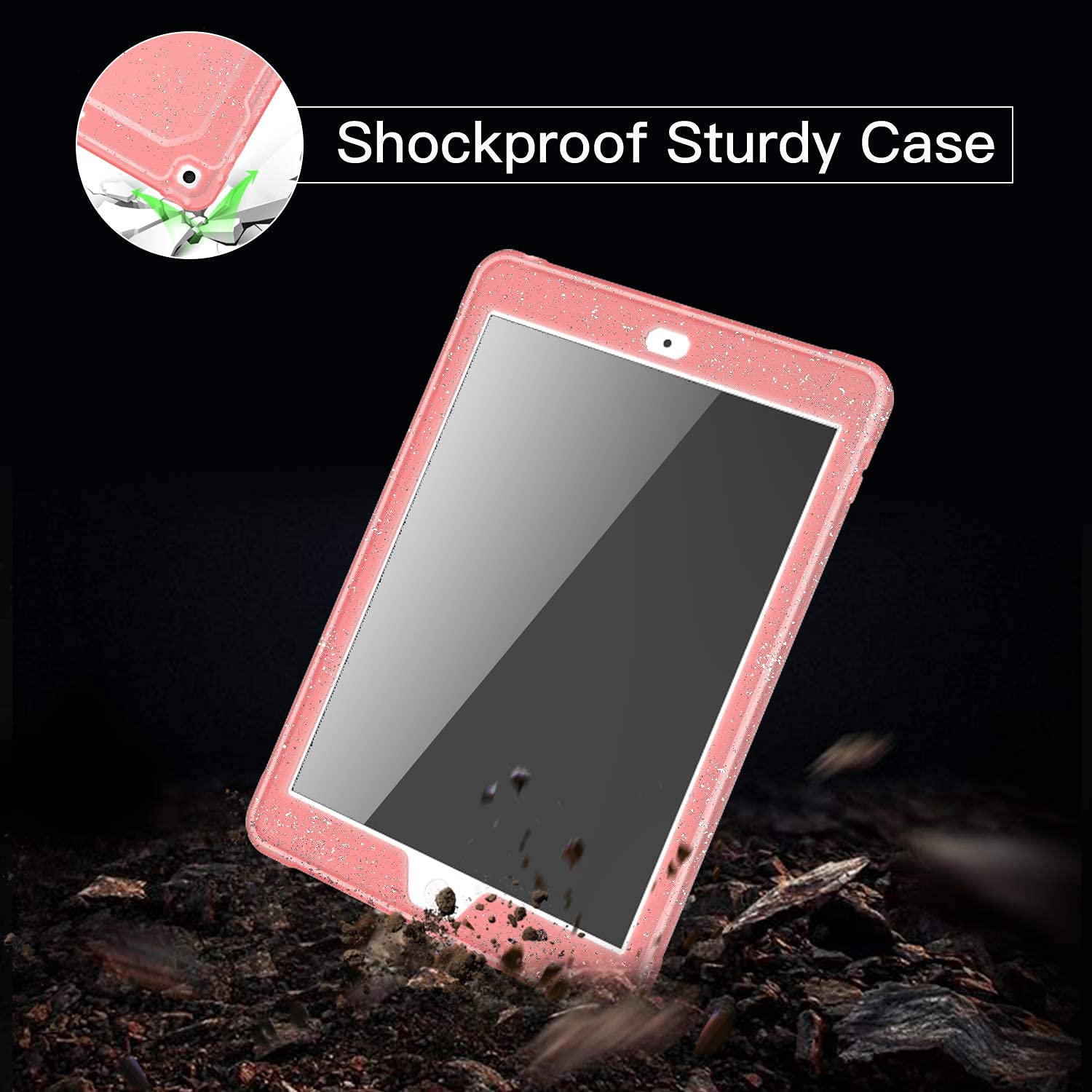 Pink Glitter iPad Air 2 Case - Slim Full-Body Protective Cover with Screen Protector & Stand for iPad 6th/5th Gen (2017/2018) & 9.7-inch iPad - Perfect for Women & Girls at School, Work or Travel