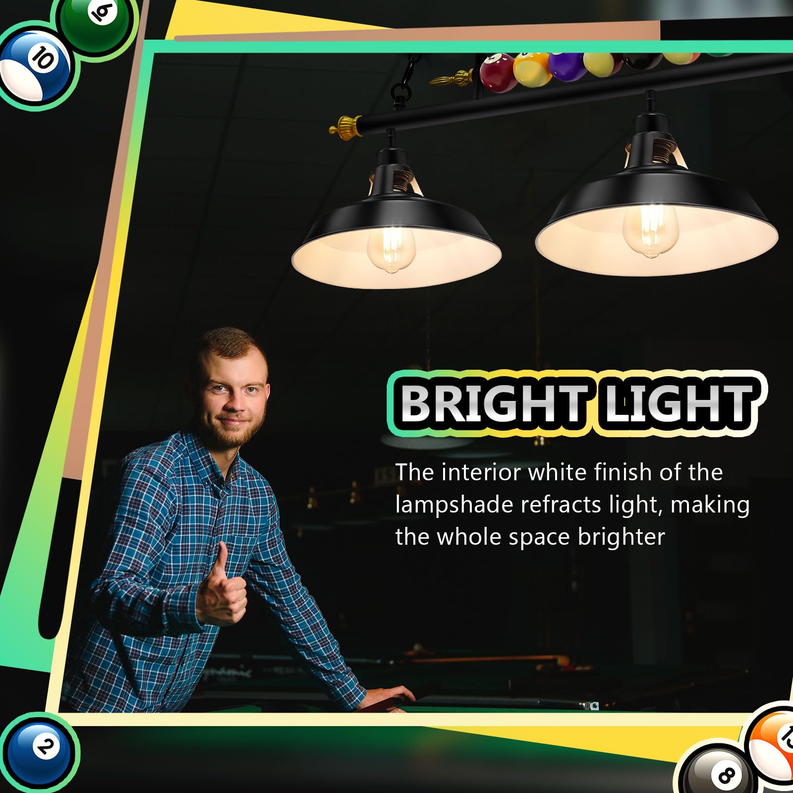 Adjustable Hanging Pool Table Lights for 7-8 Foot Billiards - 3-Light Fixture with Metal Shades, Game Room Lighting, Basement, Man Cave, and Bar Decor (Bulbs Not Included)