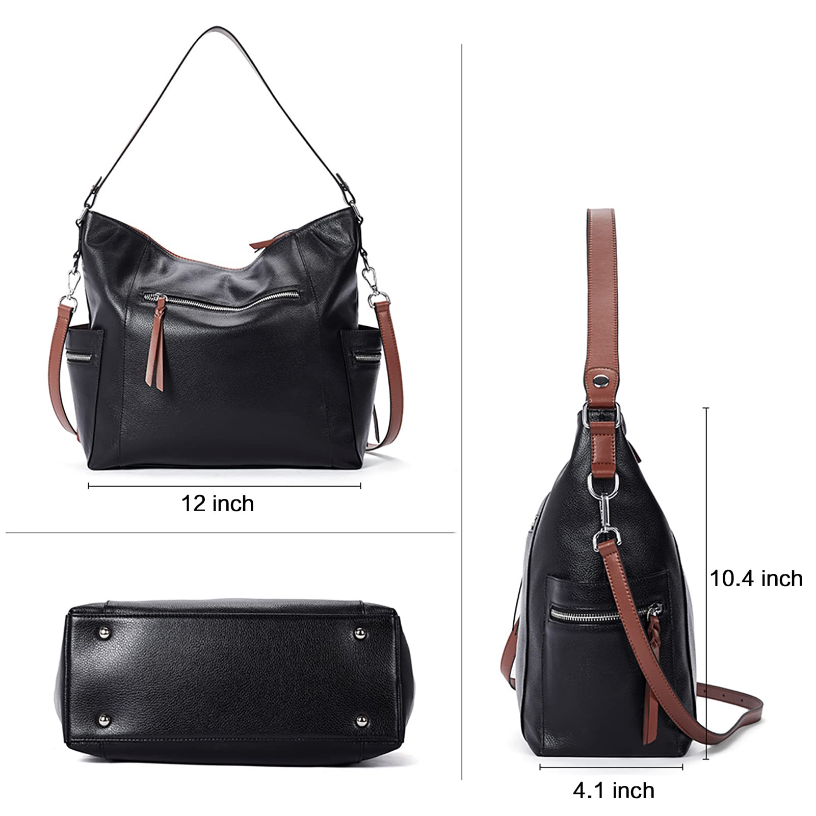 BOSTANTEN Genuine Leather Hobo Handbag for Women - Designer Shoulder Tote & Crossbody Purse - Large Capacity Work Bag, Travel Bag, Everyday Carry (Black)