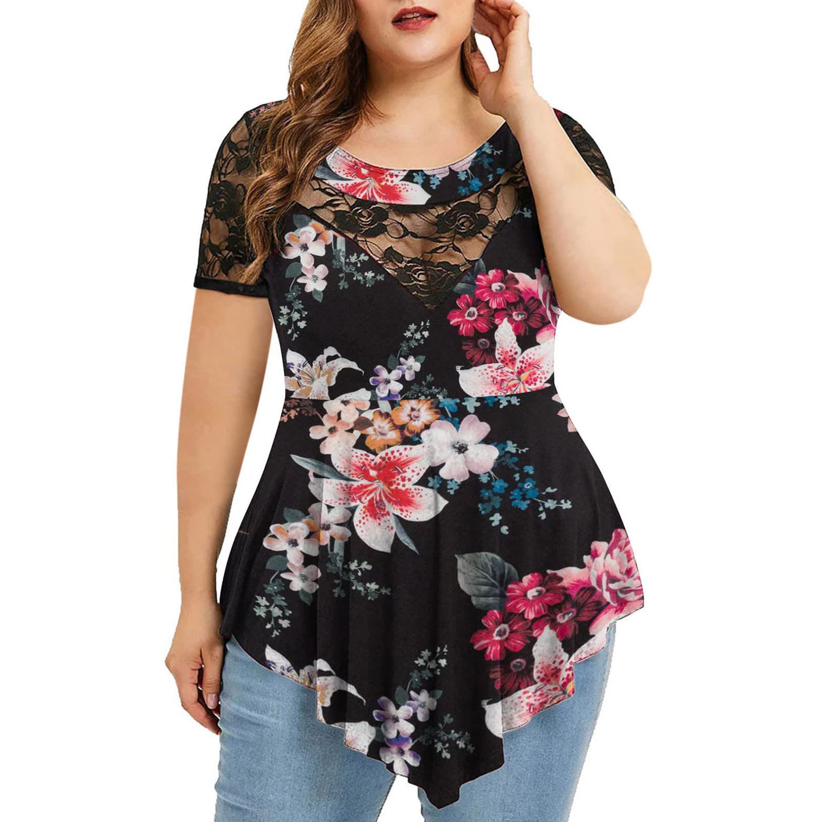 Boho Women's Tunic Tops - Short Sleeve Lace Blouse for Summer, Plus Size Casual Shirts (Perfect for Beach Outings, Music Festivals & Boho-Chic Style)