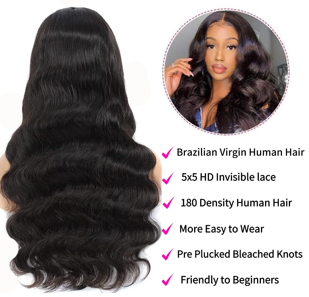 5X5 HD Lace Closure Wigs Human Hair - Brazilian Body Wave 180 Density Glueless Wig with Pre Plucked & Pre Cut Lace - No Glue Needed for Easy Wear & Go - Perfect for Daily Use, Parties, Weddings and Special Occasions