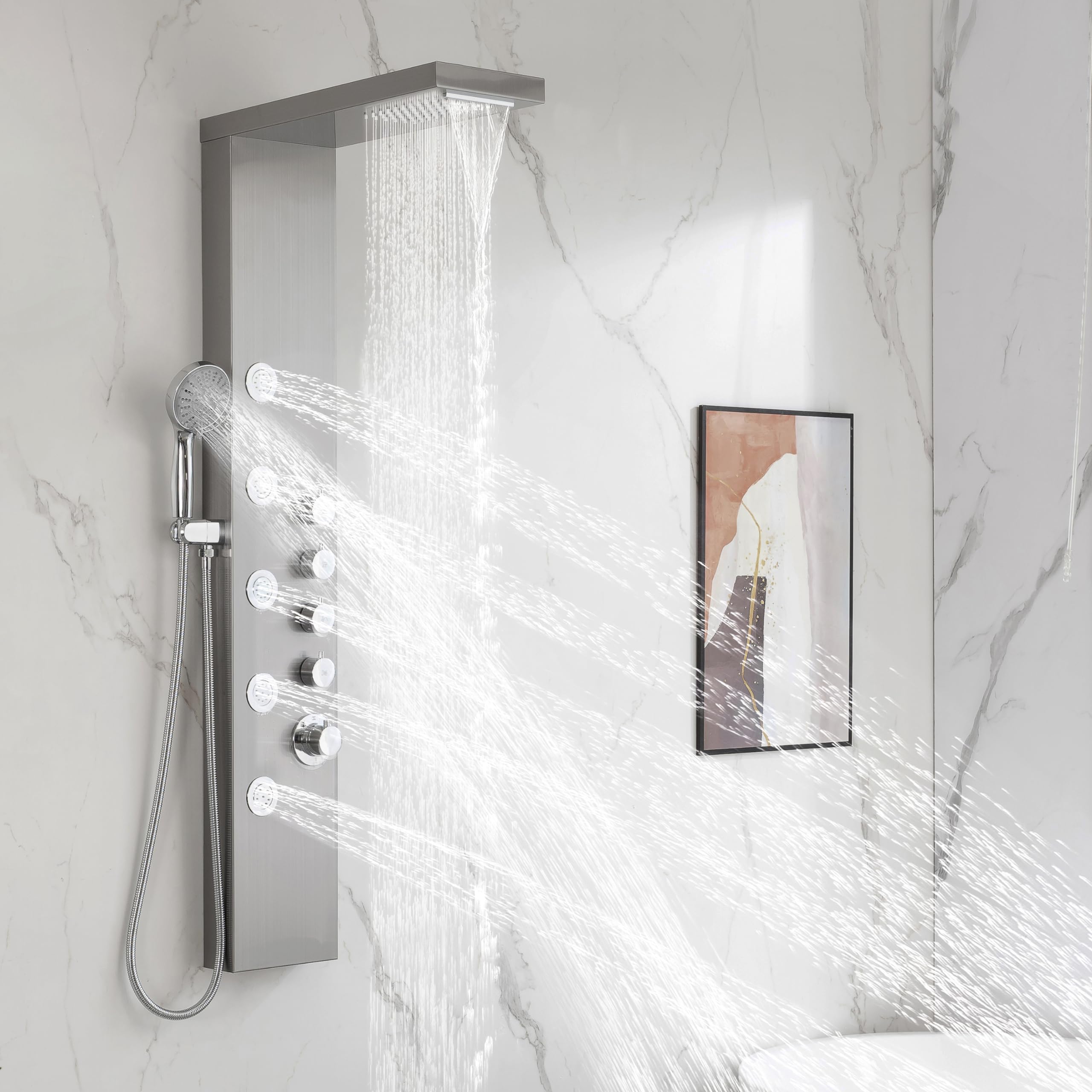 DELAVIN Stainless Steel Shower Panel Tower System - Multi-Function Rainfall Showerhead with Body Jets & Handheld Spray - Brushed Nickel Finish - Perfect for Luxury Bathroom Renovation & Spa-Like Shower Experience