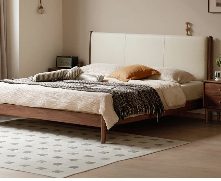 Premium Black Walnut Solid Wood King Size Bed with Genuine Top Grain Cowhide Leather Upholstery - Perfect for Master Bedroom, Guest Room & Luxury Home Decor