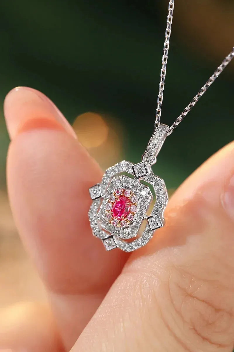 18K White Gold Pink Diamond Pendant Necklace for Women - Real Natural Diamond, Elegant INS Style Jewelry, Perfect Anniversary Gift for Her - Ideal for Weddings, Date Nights & Special Occasions