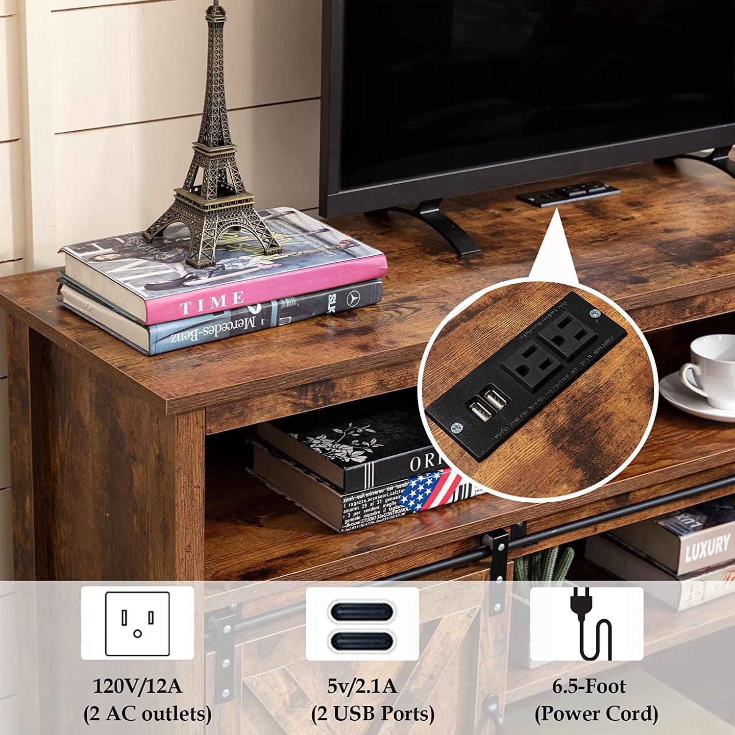 Vinctik 57 Inch Farmhouse TV Stand with Sliding Barn Doors - Rustic Wood Entertainment Center for 60-65 Inch TVs - Double Layer Storage & Built-in Power Outlets - Perfect for Living Room, Bedroom & Home Theater Setup